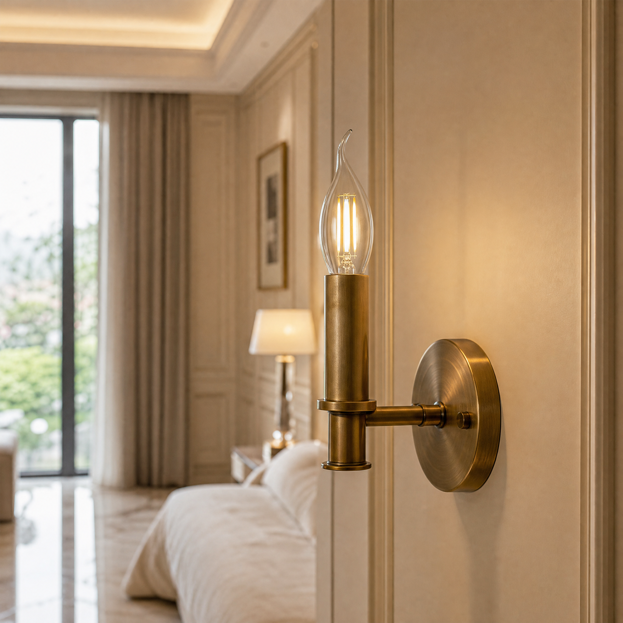 VORELLI E14 bent-tip dimmable 5W LED bulb installed in a luxury living room chandelier, casting a warm 2700K glow over residential decor.