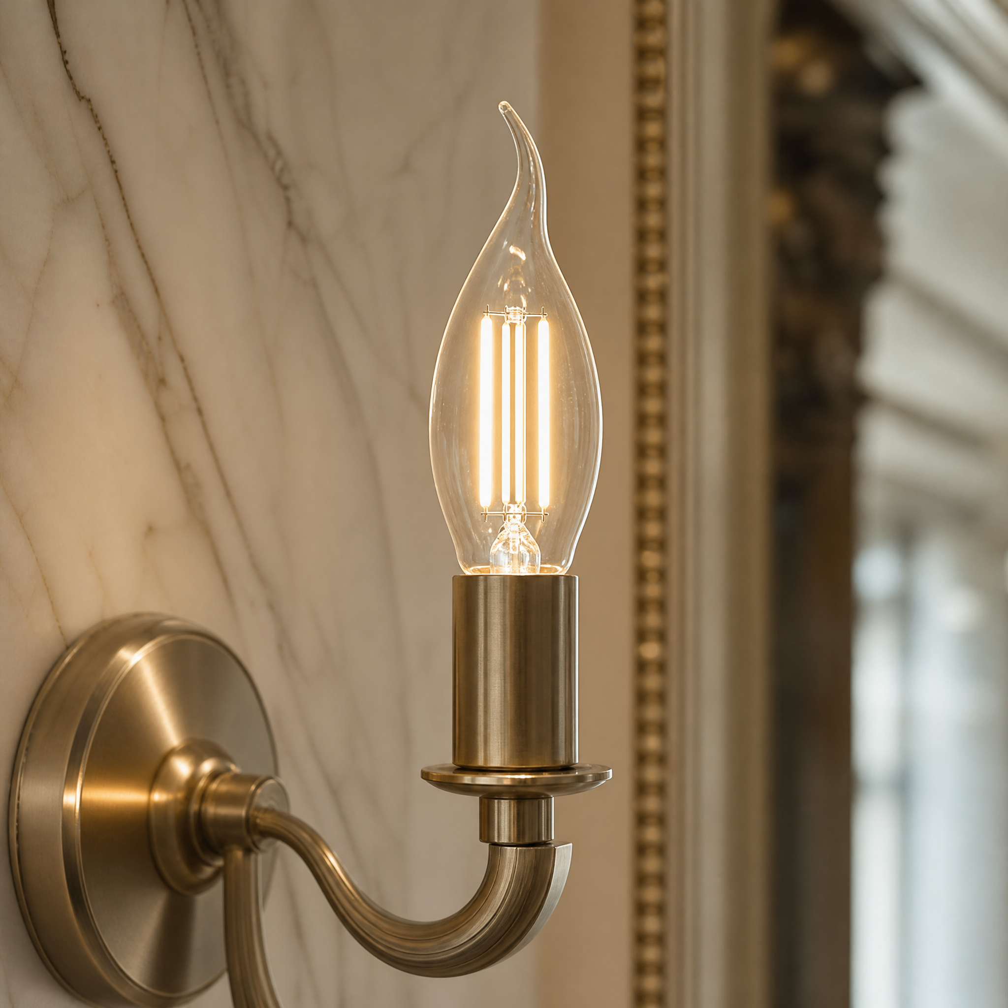 Macro closeup of the VORELLI E14 clear glass bent-tip candle bulb, showing the intricate series filament arrangement designed for omni-directional lighting.