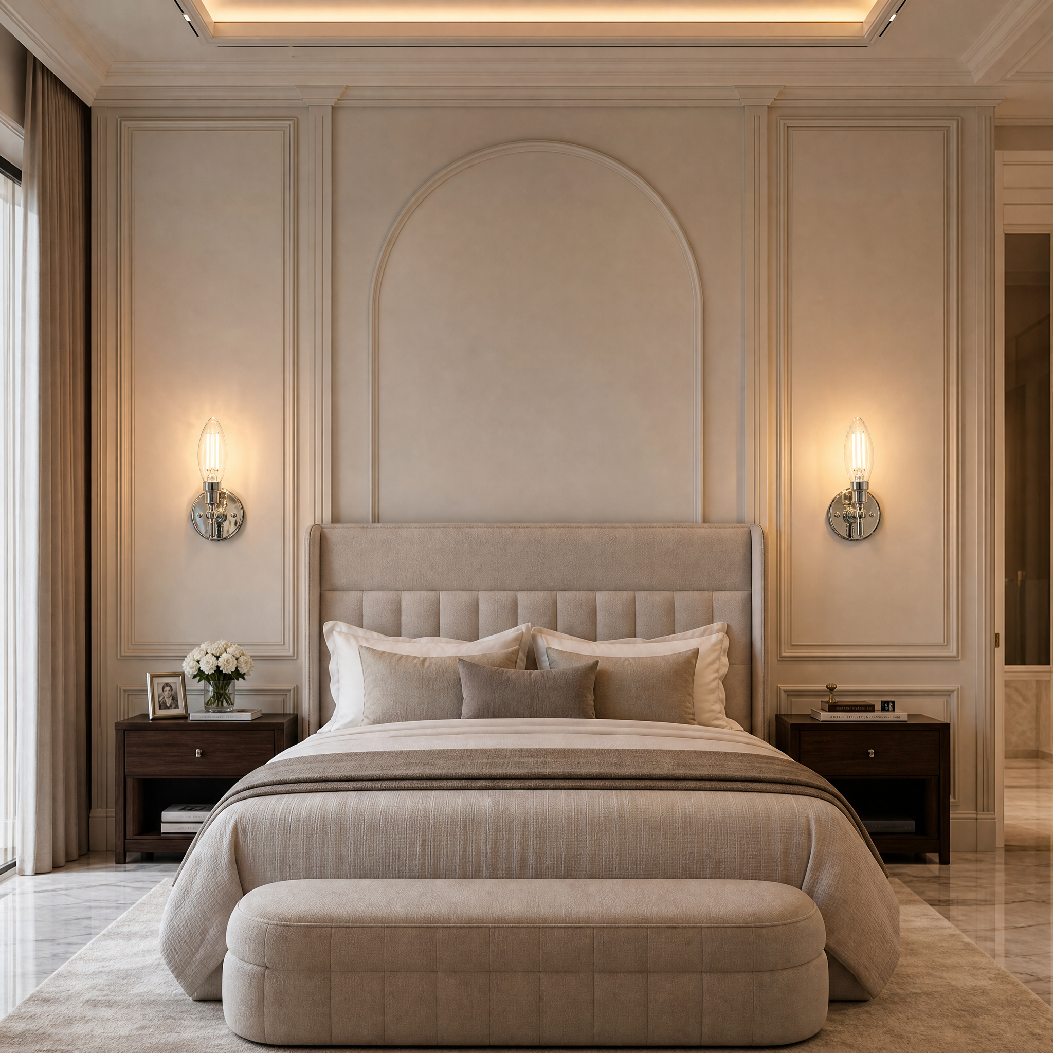 VORELLI E14 dimmable 5W LED candle bulb illuminating a modern residential living room with a crisp, cool white 4000K glow.