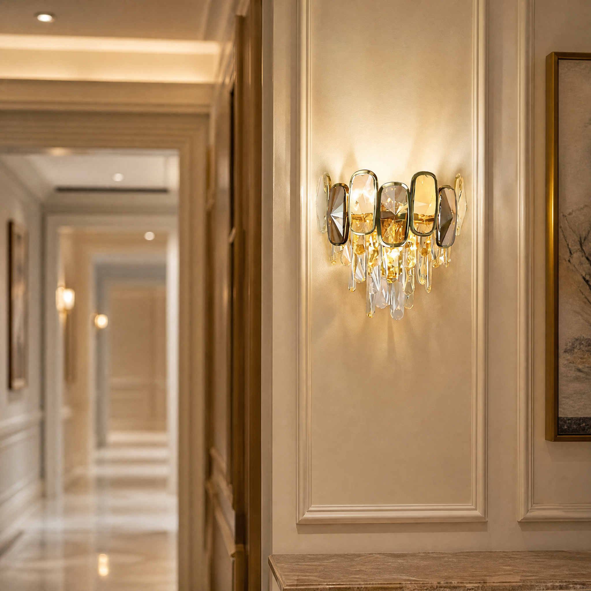Sophisticated hospitality lighting featuring the Edmond Wall Light by VORELLI illuminating a high-end hotel boutique corridor.