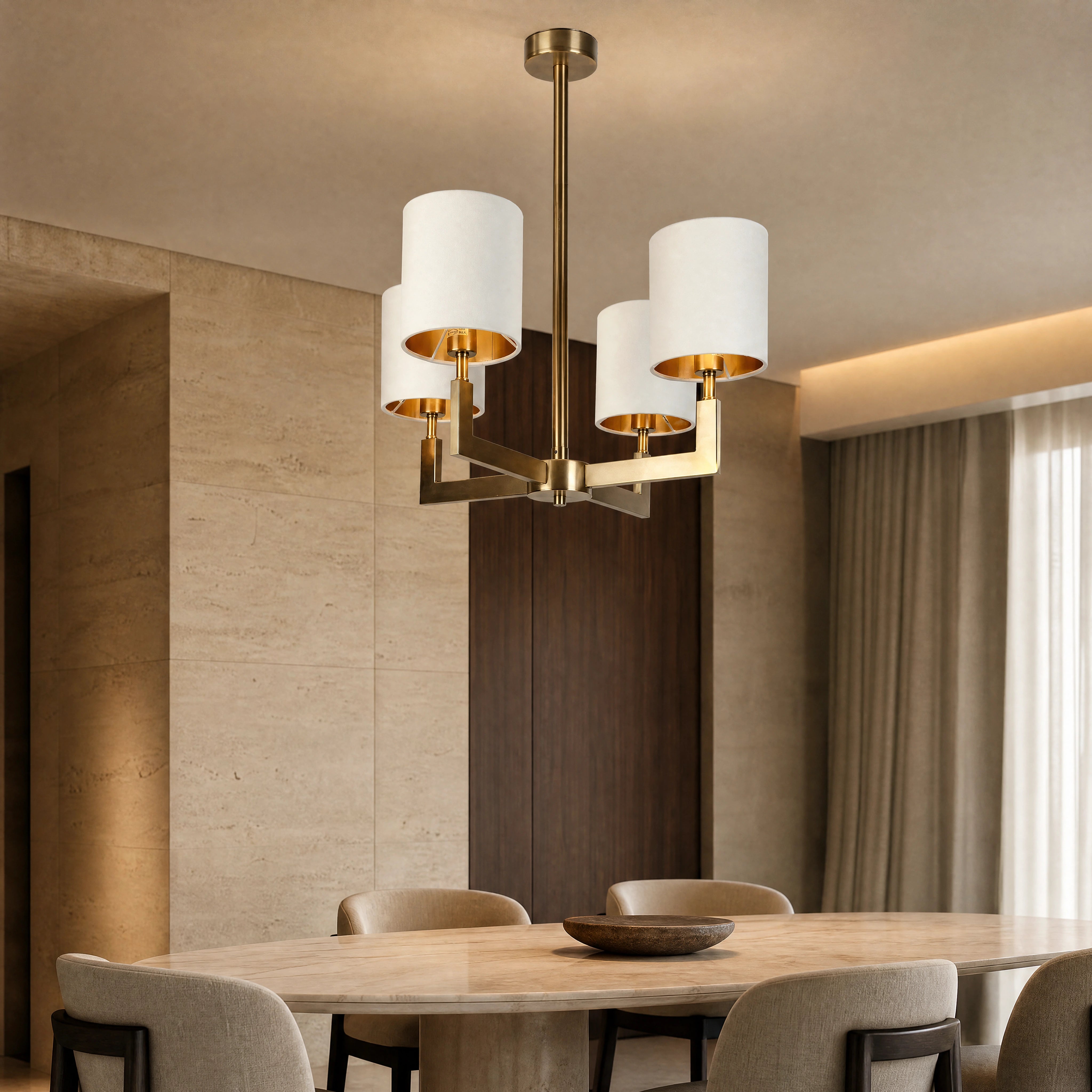Elgaro Brass Cylinder Four-Arm Chandelier close-up luxury lifestyle hero image by VORELLI