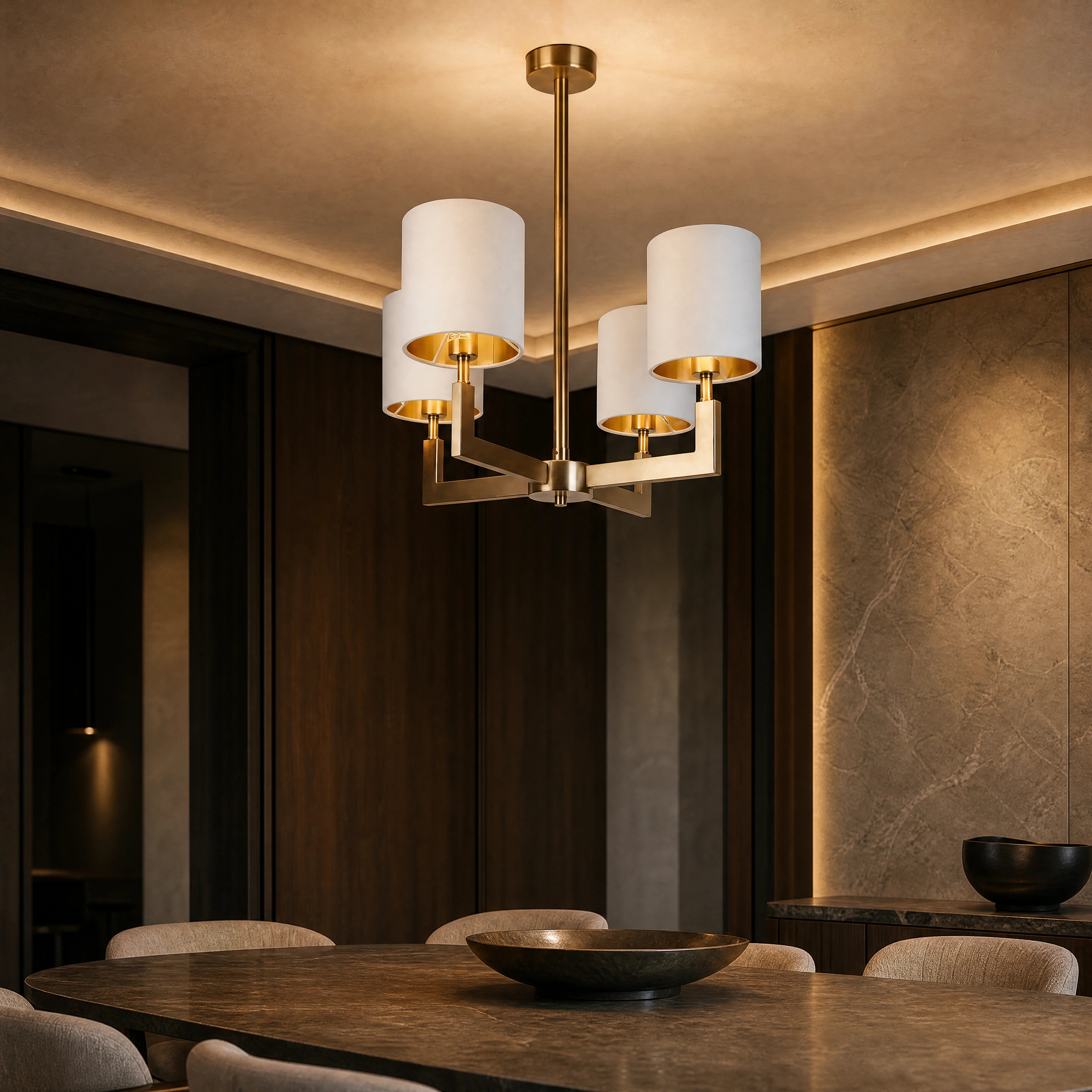 Elgaro Brass Cylinder Four-Arm Chandelier luxury hospitality interior lifestyle image by VORELLI