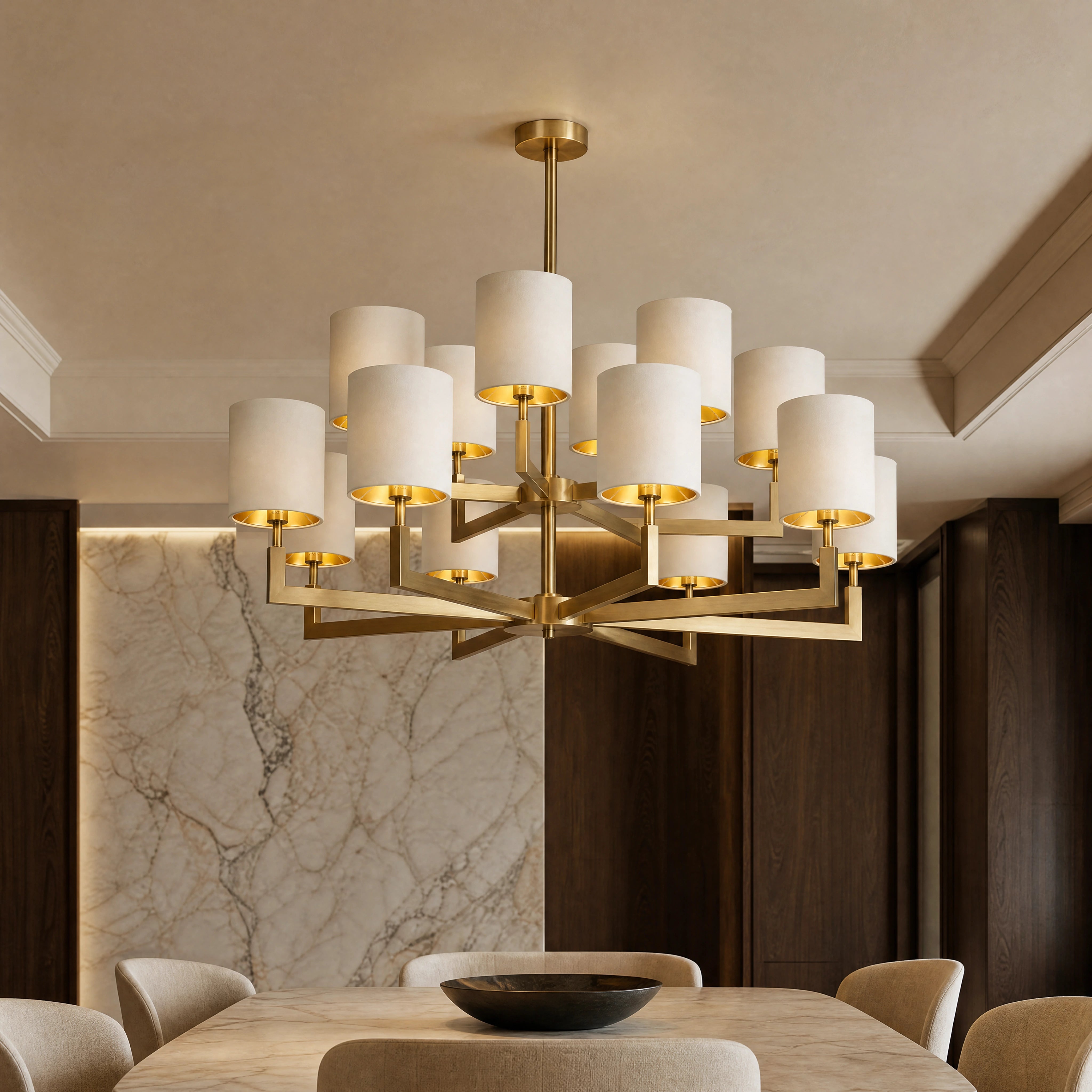 Elgaro Brass Cylinder Twelve-Arm Chandelier close-up luxury lifestyle hero image by VORELLI