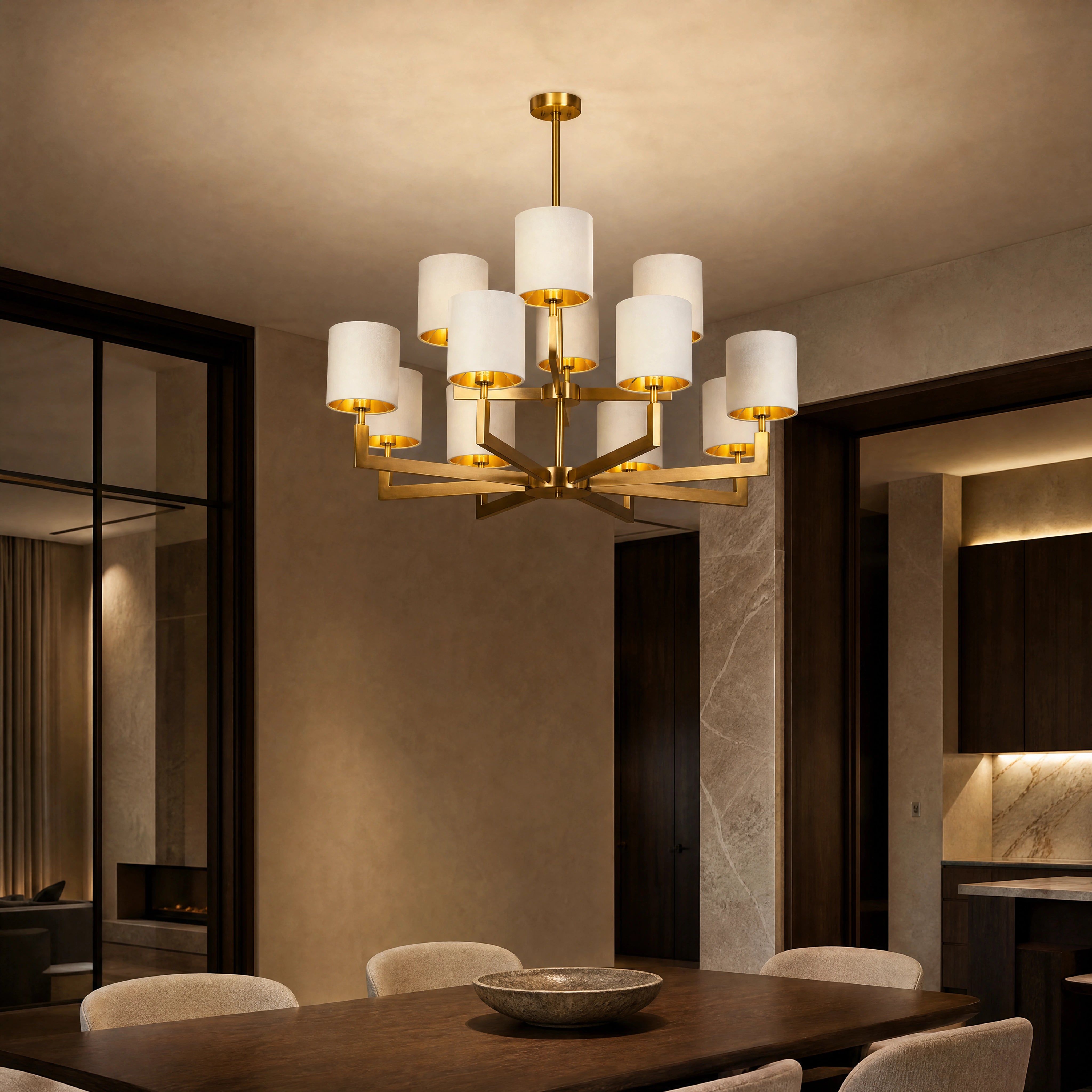 Elgaro Brass Cylinder Twelve-Arm Chandelier UHNW private residence luxury lifestyle image by VORELLI