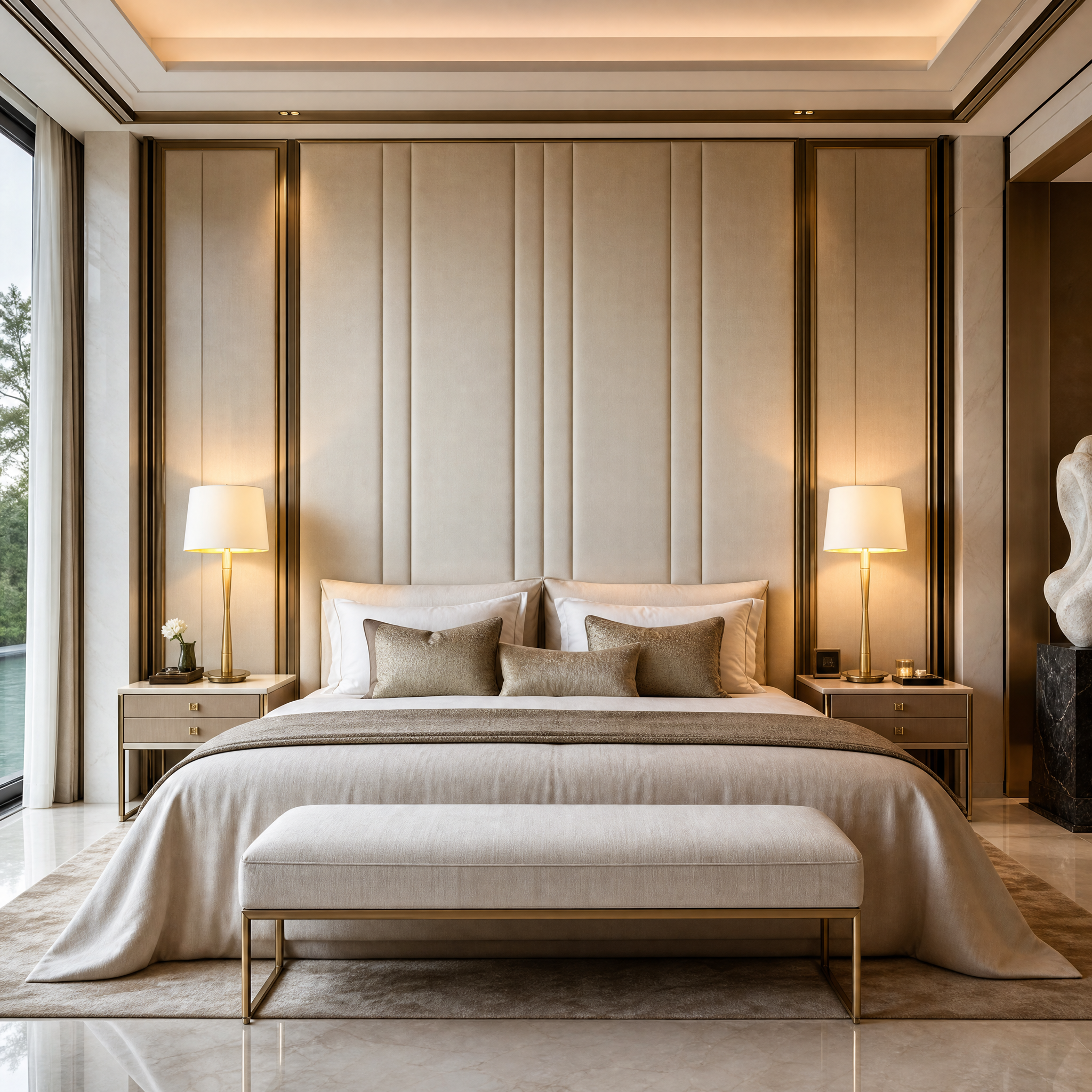 VORELLI Elvaron tall antique brass table lamp with an opal fabric shade illuminating a luxury residential living room interior.