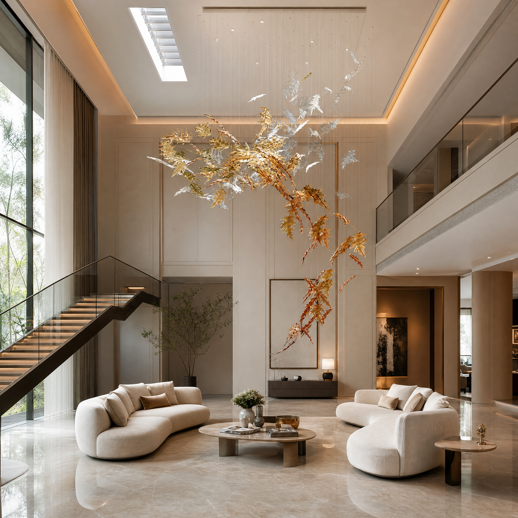 VORELLI Ember Leaf contemporary glass leaf chandelier suspended in a modern residential living room, casting a warm amber glow over upscale furnishings.
