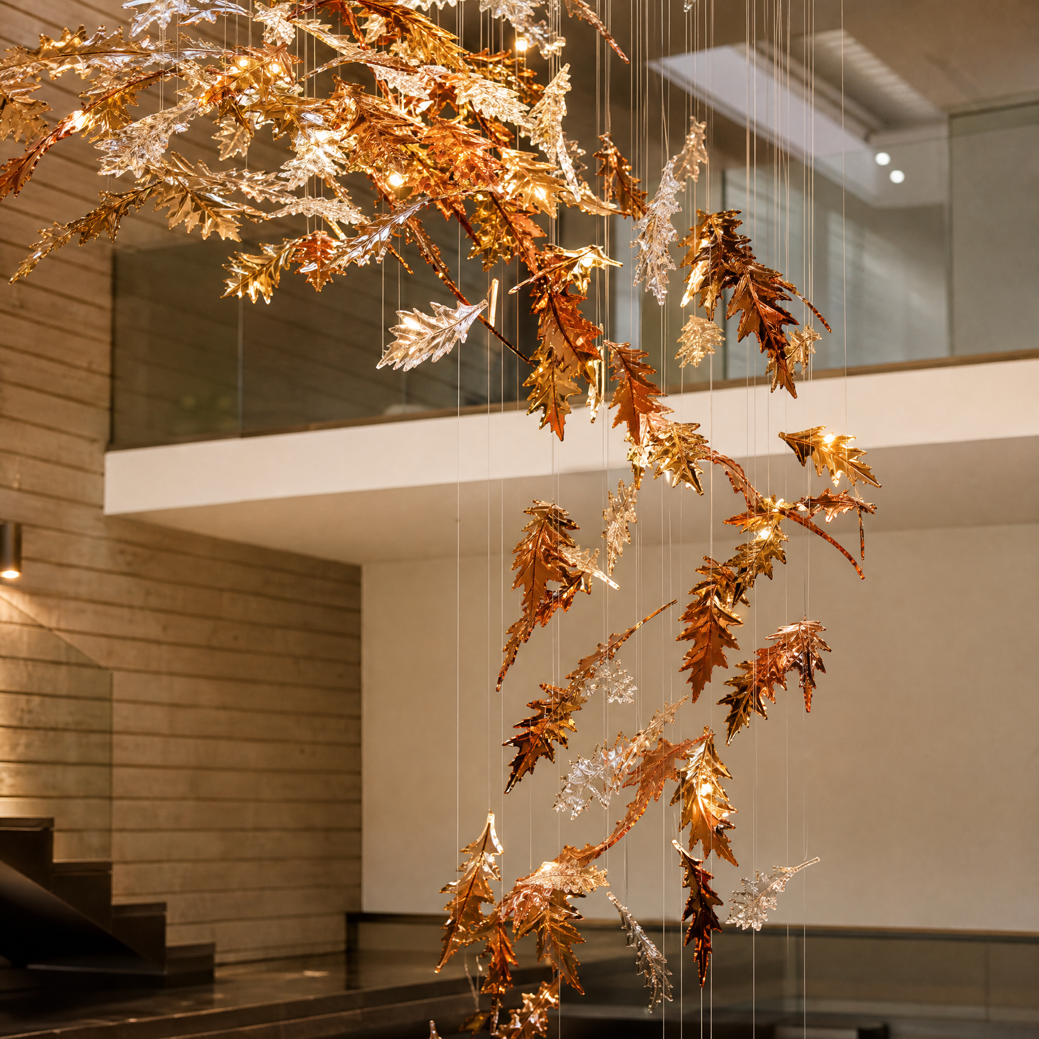 Detailed closeup of the VORELLI Ember Leaf fixture, showcasing the intricate textures and warm amber tones of the hand-sculpted translucent glass leaves.