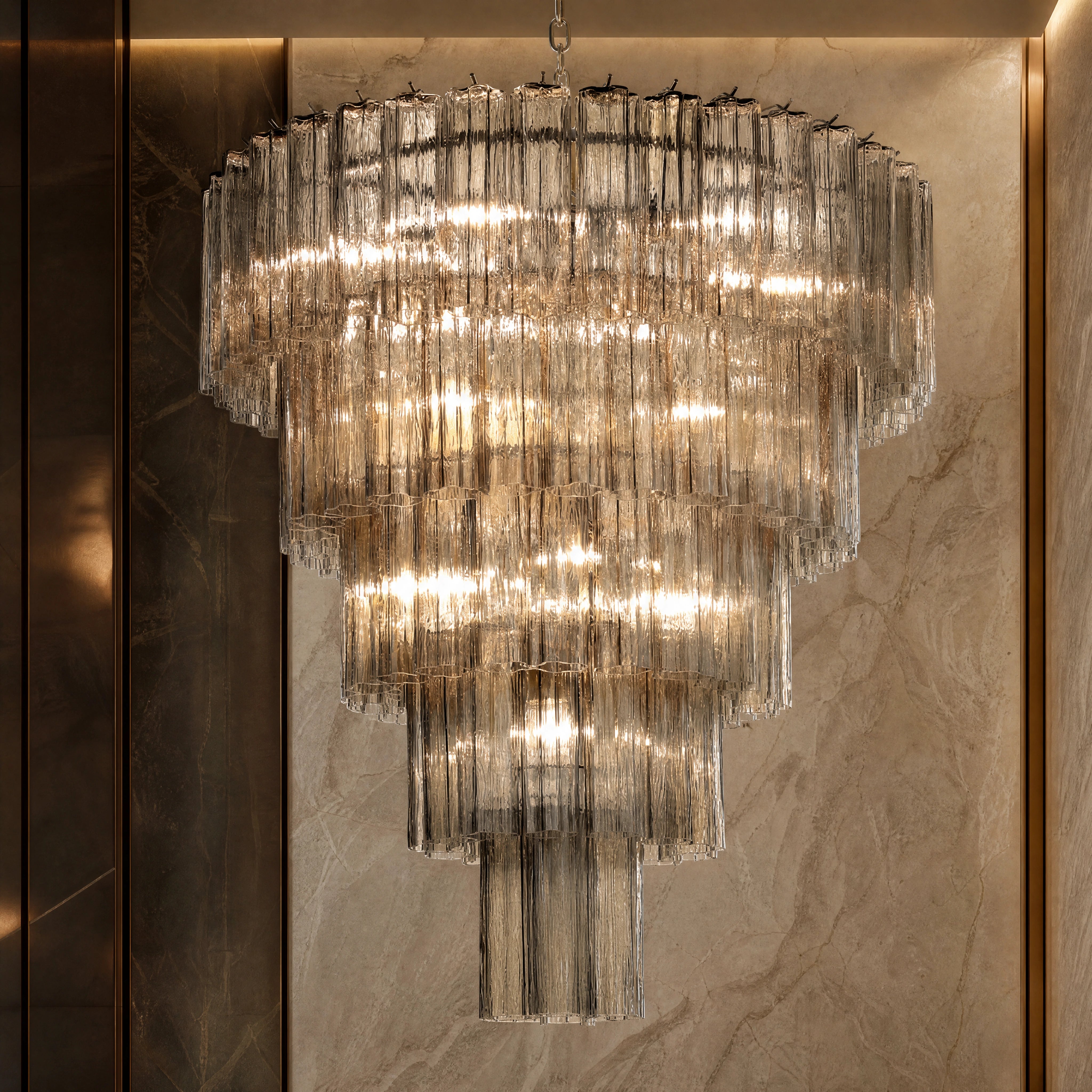 Erminia Tronchi Murano Glass Staircase Chandelier close-up luxury lifestyle hero image by VORELLI
