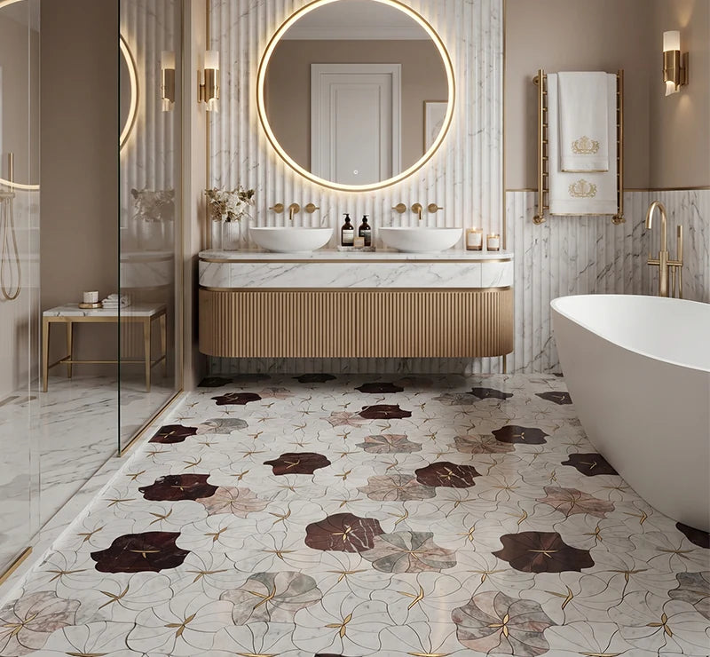 Emperador Dark White Silver Travertine Waterjet Marble Mosaic Tile by VORELLI®