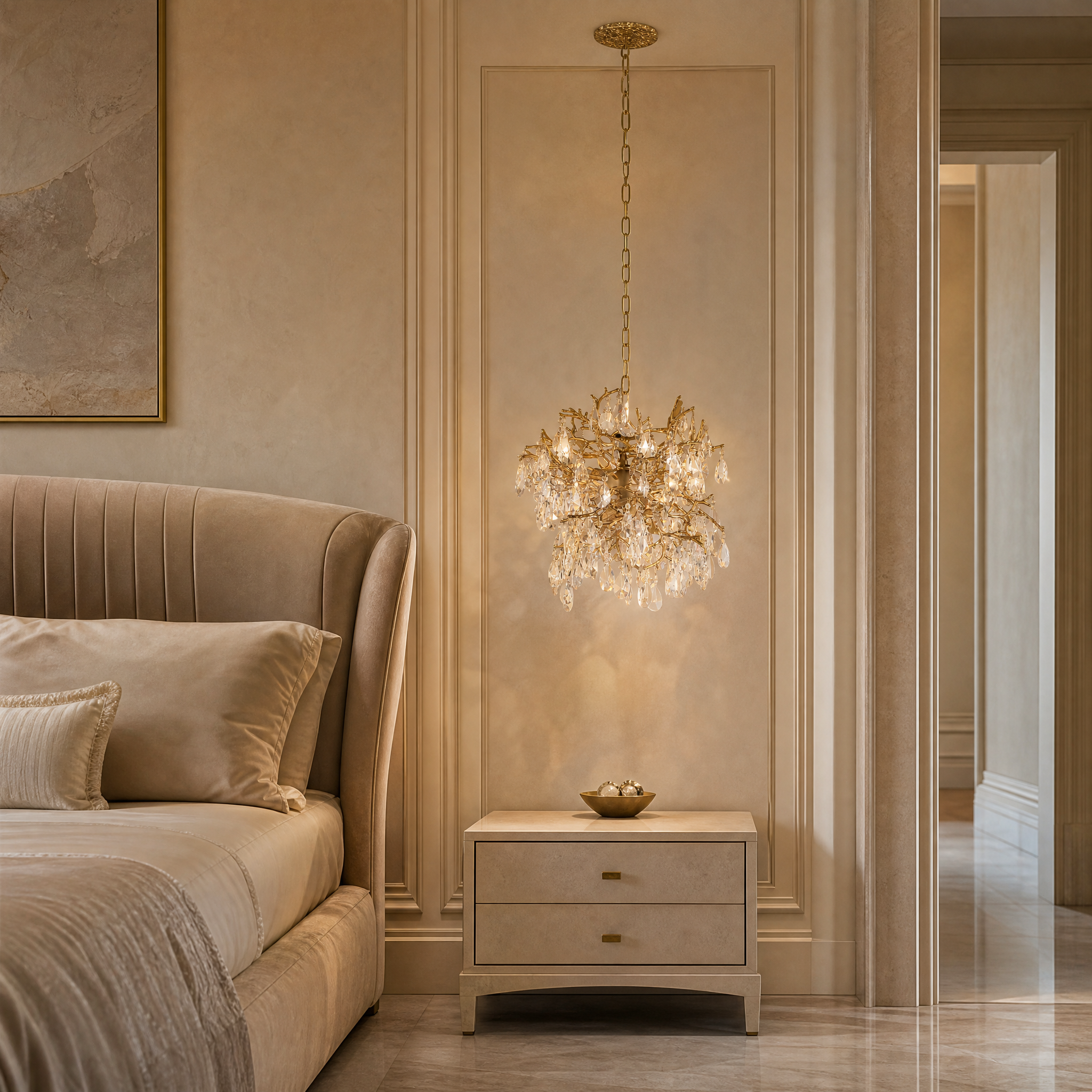 The VORELLI Entwine Dewdrop Pendant Light illuminating a high-end residential living room, highlighting its intertwining metal branches and luxury architectural presence.