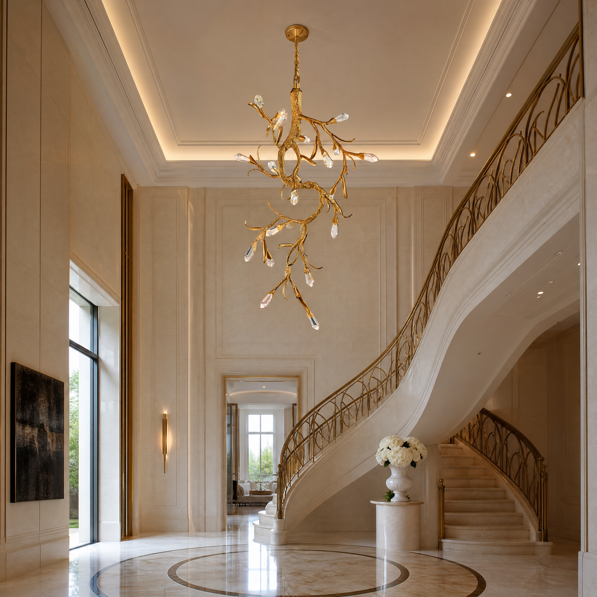 The VORELLI Entwine pendant light casting a warm glow in a luxury master bedroom, its flowing gold branches and crystal drops complementing the refined, elegant interior design.