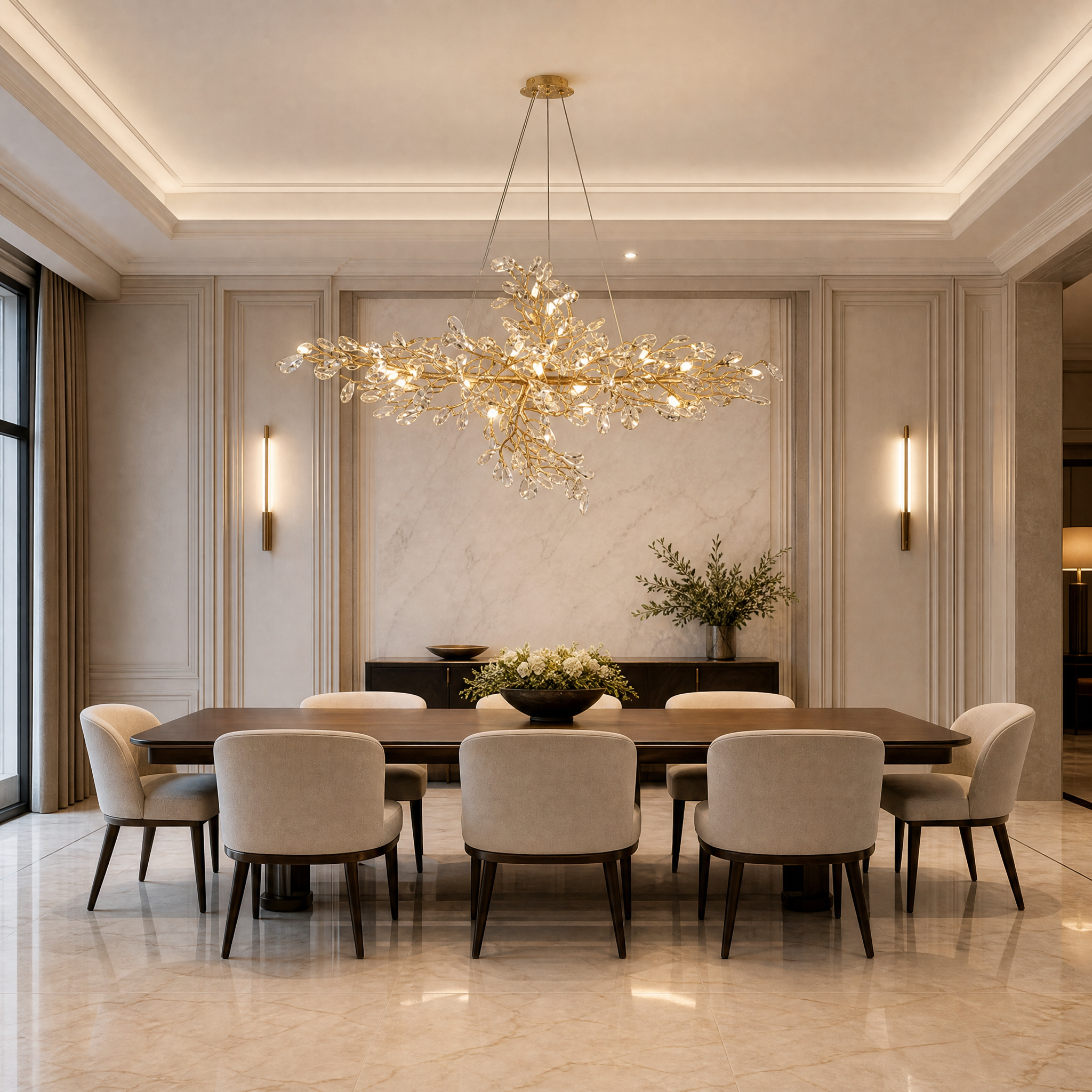 The VORELLI Entwine rectangular gold chandelier illuminating a luxury residential dining room, casting a warm glow over a contemporary table setting.