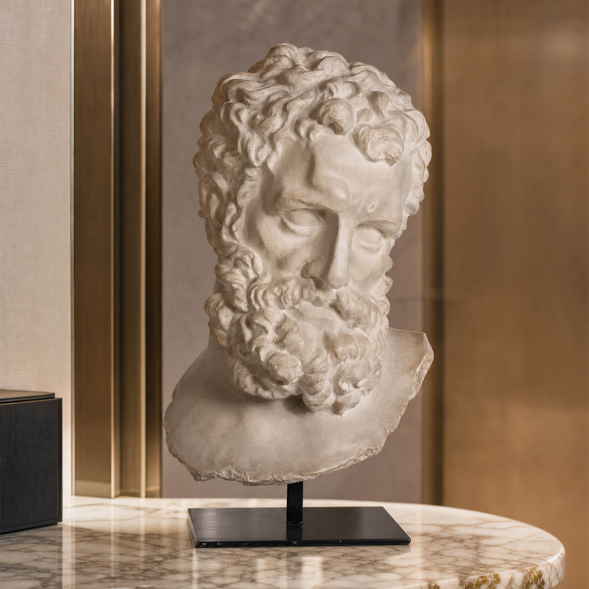A detailed closeup showing the intricate textures and aged plaster finish of the VORELLI Ercole Giant Hercules resin bust.