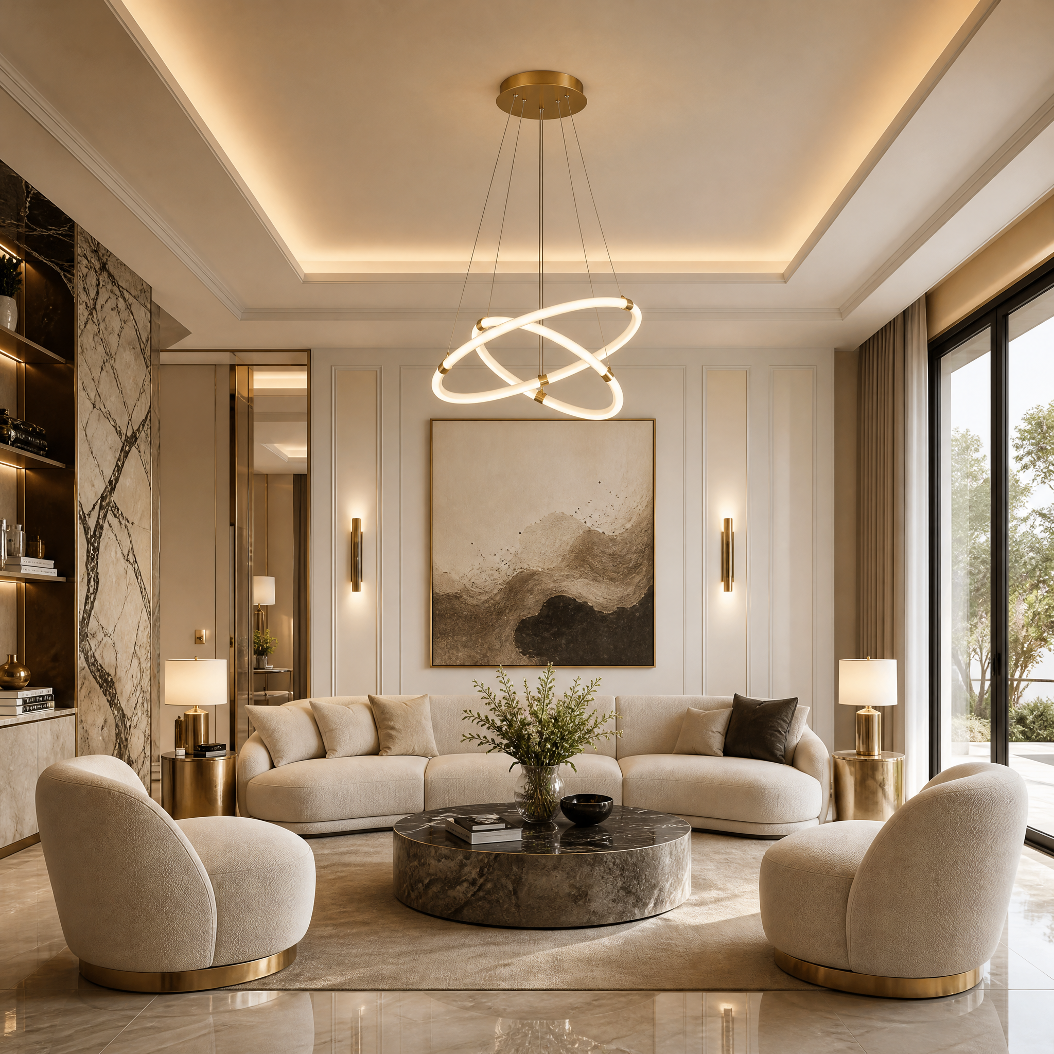 VORELLI Eros Circular Chandelier installed in a luxury residential dining room, casting a warm and stylish ambiance.