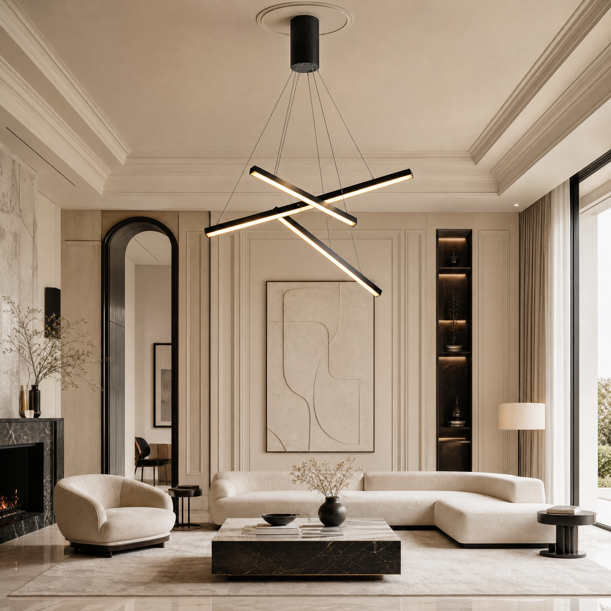 Esher Circular Chandelier by Vorelli installed in a luxury residential living room, featuring a modern multi-pendant LED lighting design over a contemporary dining area.