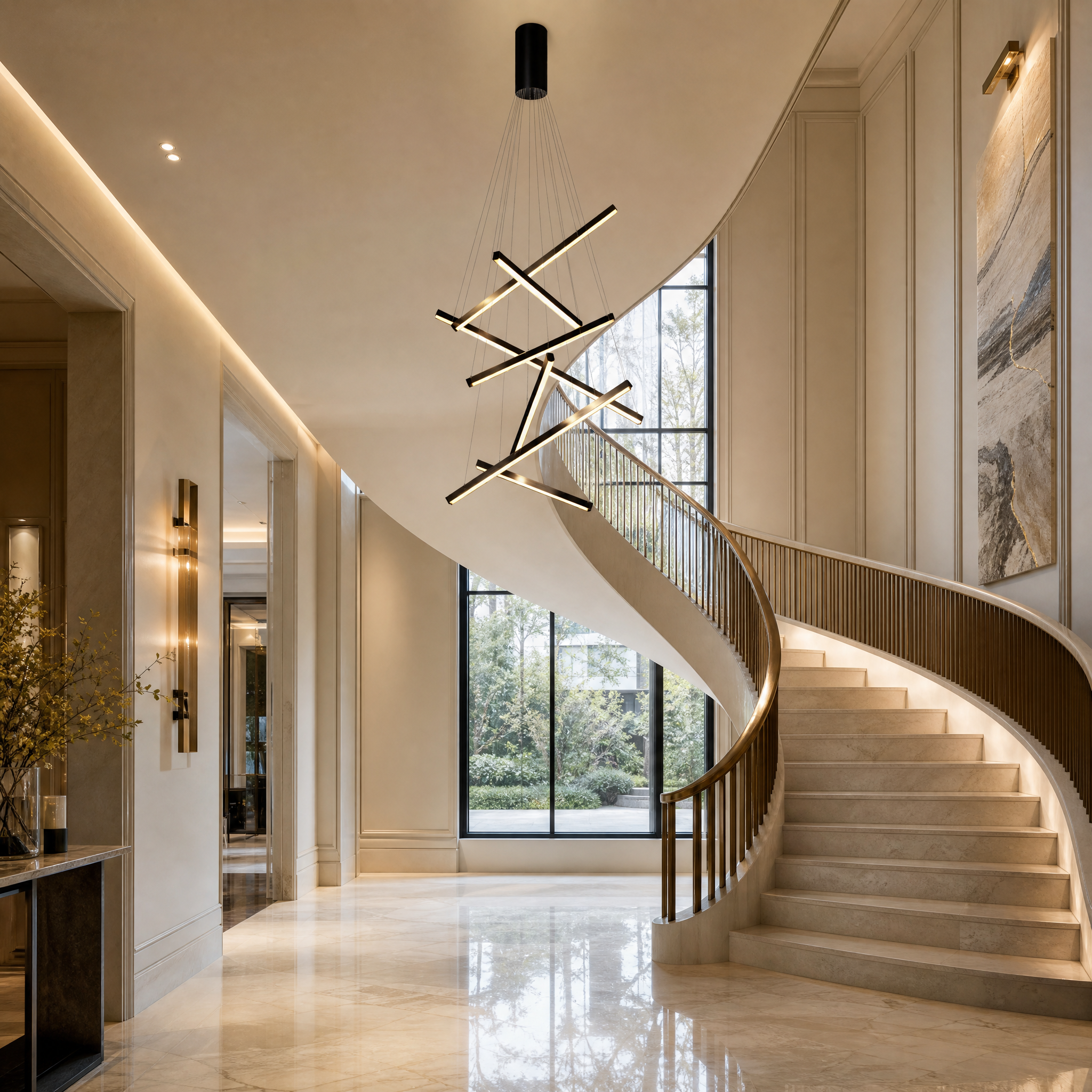 Bespoke Esher pendant staircase chandelier by Vorelli installed in a luxury multi-story residential foyer, showcasing cascading LED light lines.