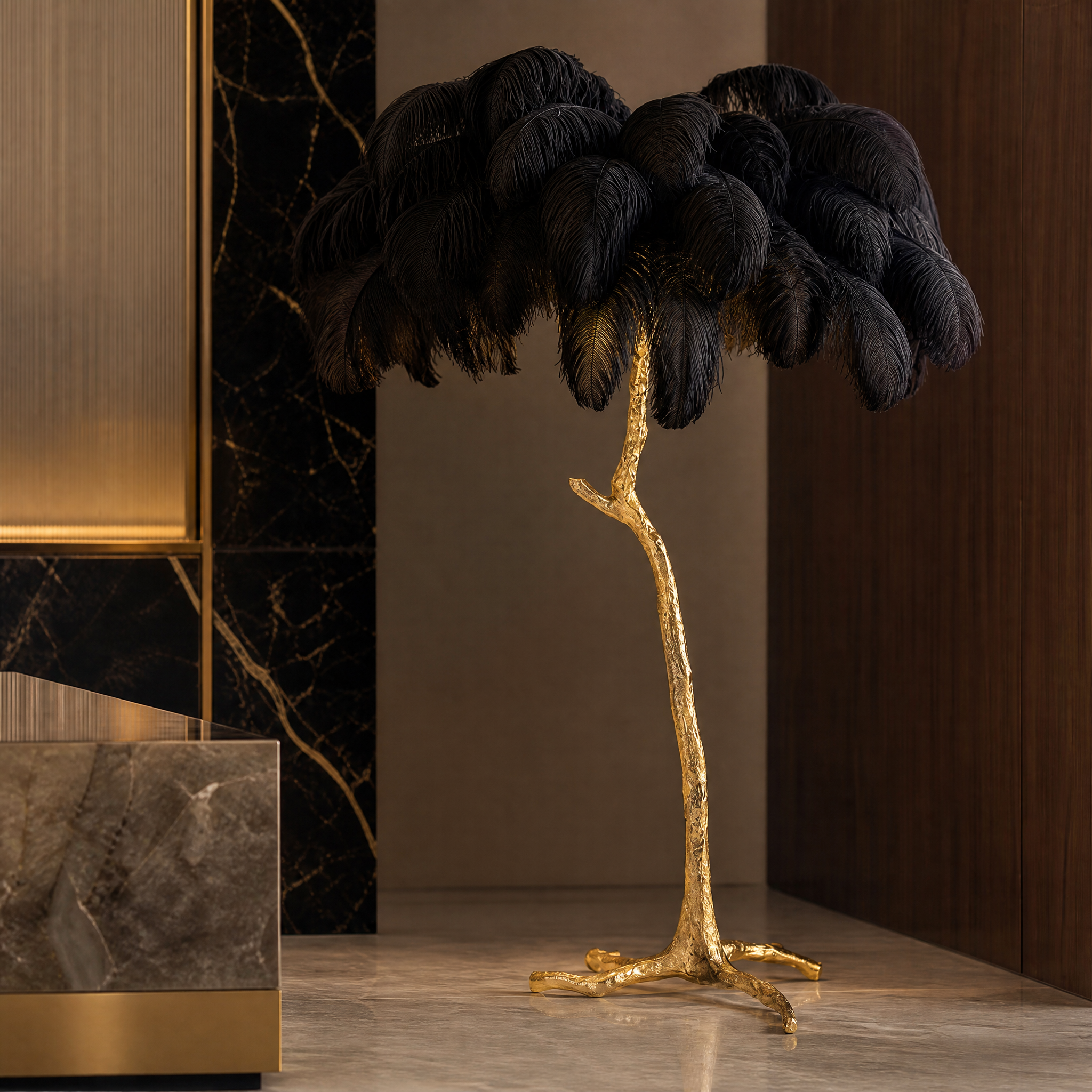 Close-up detail of the premium genuine ostrich feathers and sculptural gold base of the VORELLI Feather Floor Lamp.