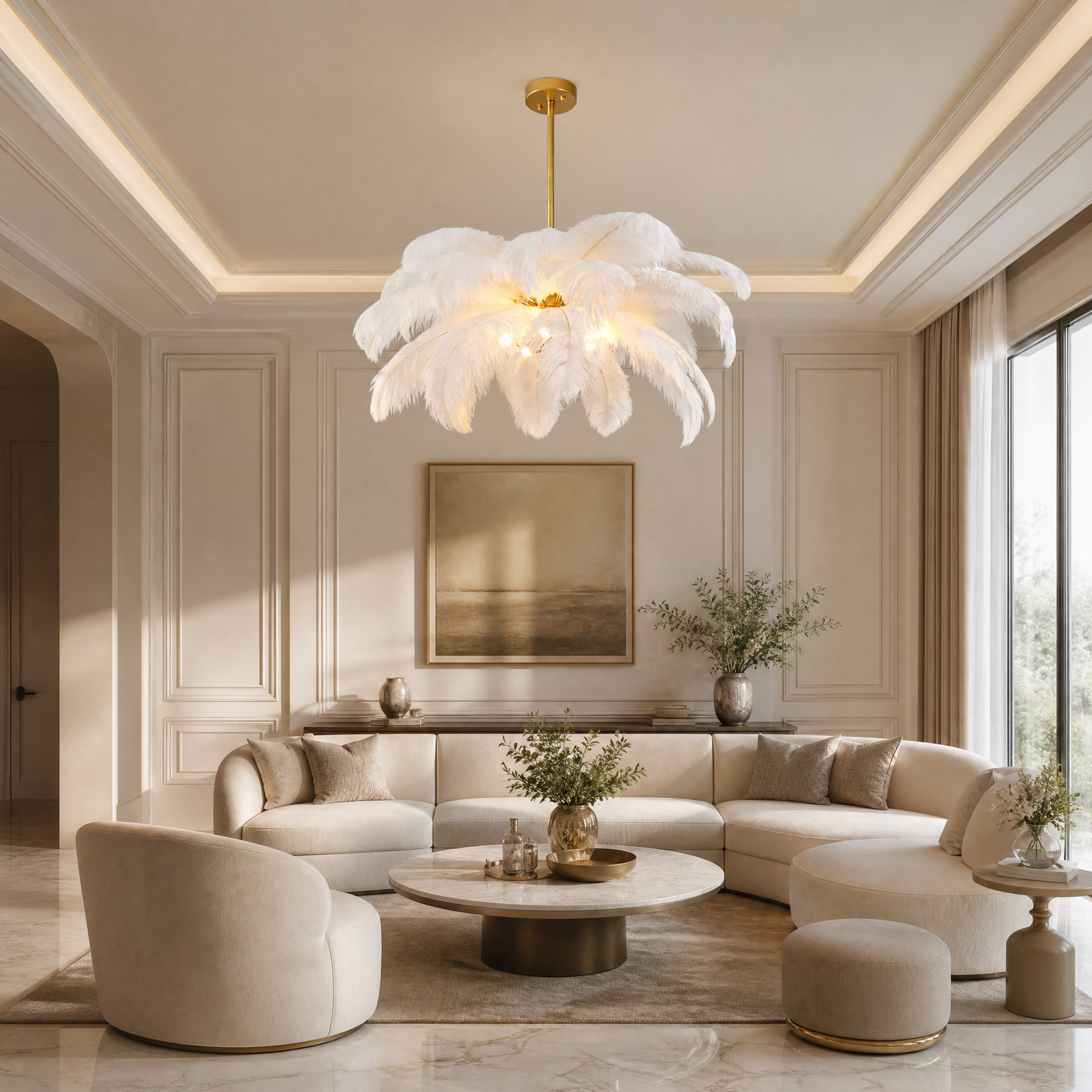VORELLI luxury feather pendant light casting a warm, whimsical glow over a contemporary residential living room setting.