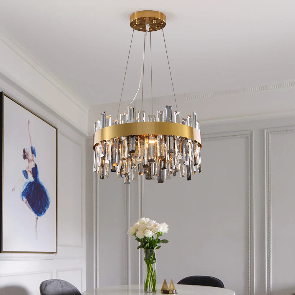 Figueroa circular chandelier with diamond cut crystals in luxury dining room