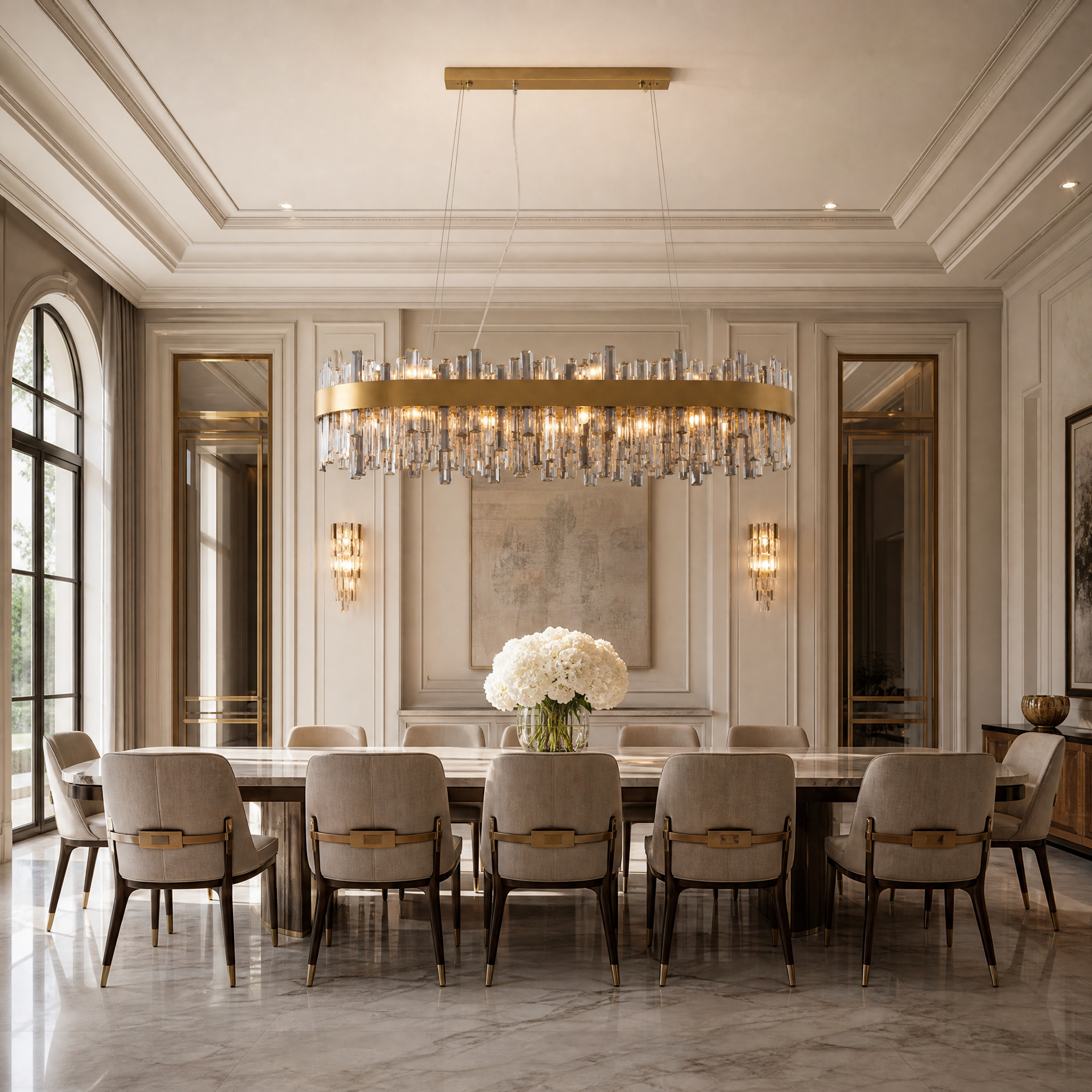 VORELLI Figueroa rectangular crystal chandelier illuminating a luxury modern residential dining room with a warm, sophisticated glow.