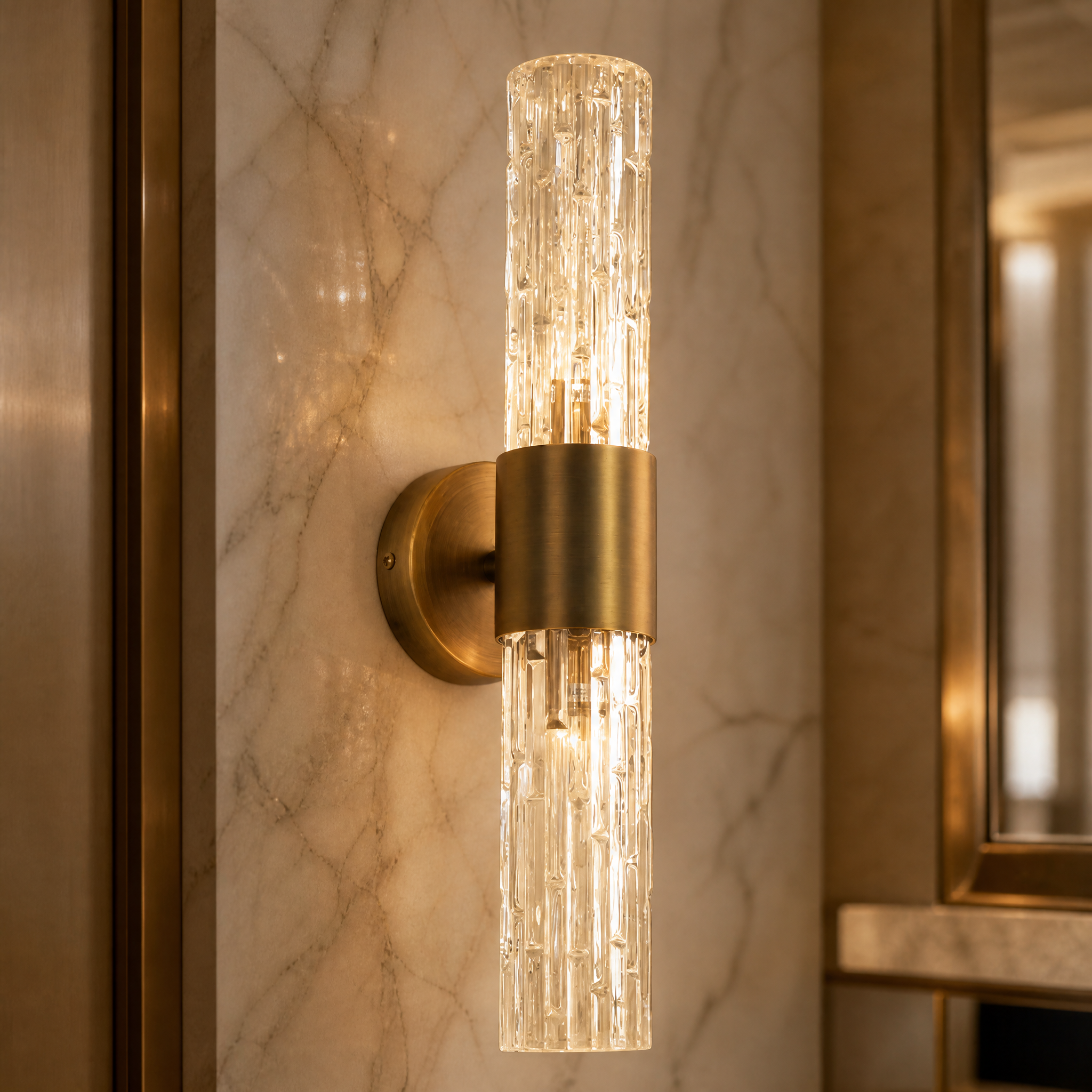 Macro closeup of the VORELLI Fiore wall light, highlighting the intricate texture of the vertical crystal cylinder and the refined stainless steel finish.