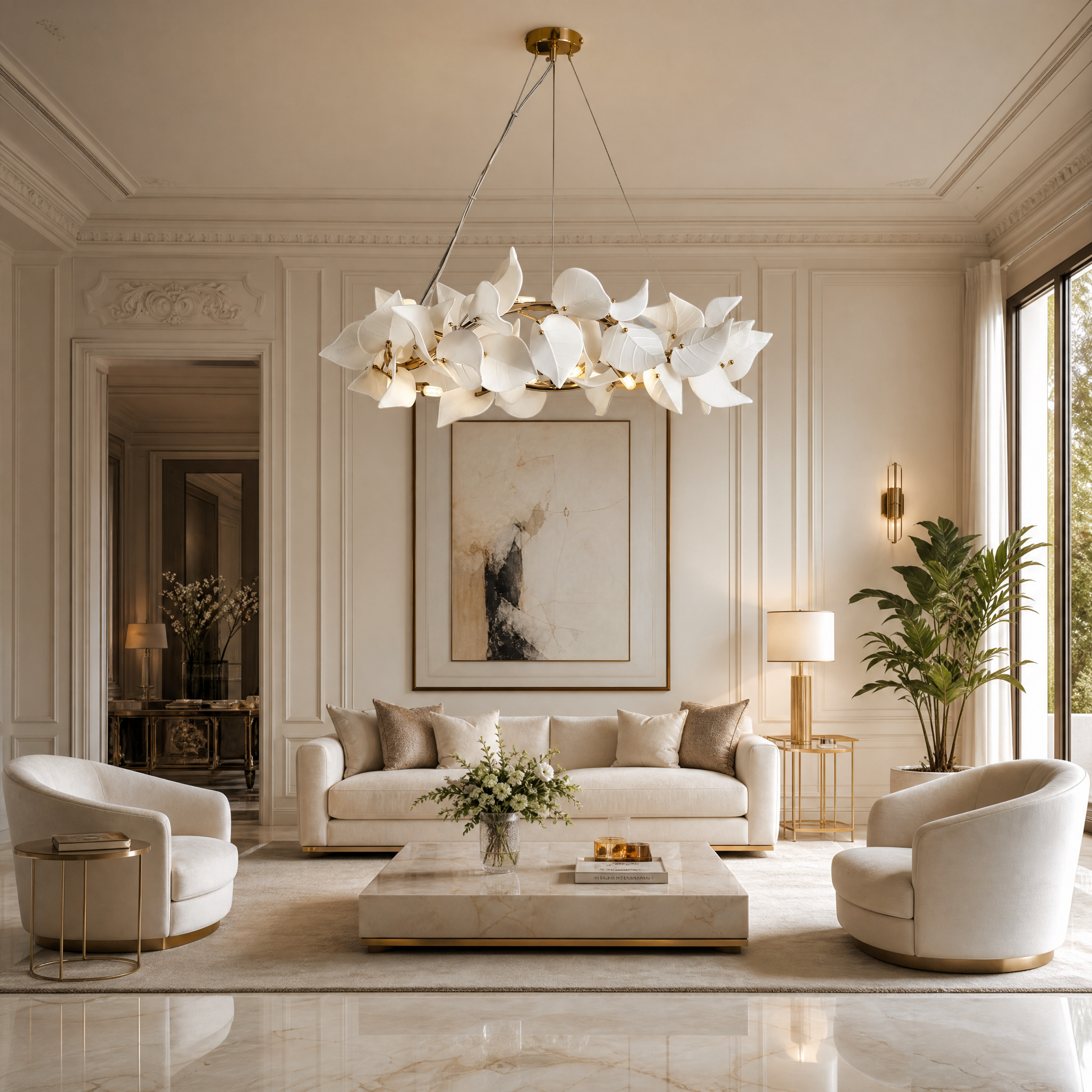 The VORELLI Fiorella Circular Chandelier casting a warm, elegant glow over a contemporary residential living room with luxury decor.