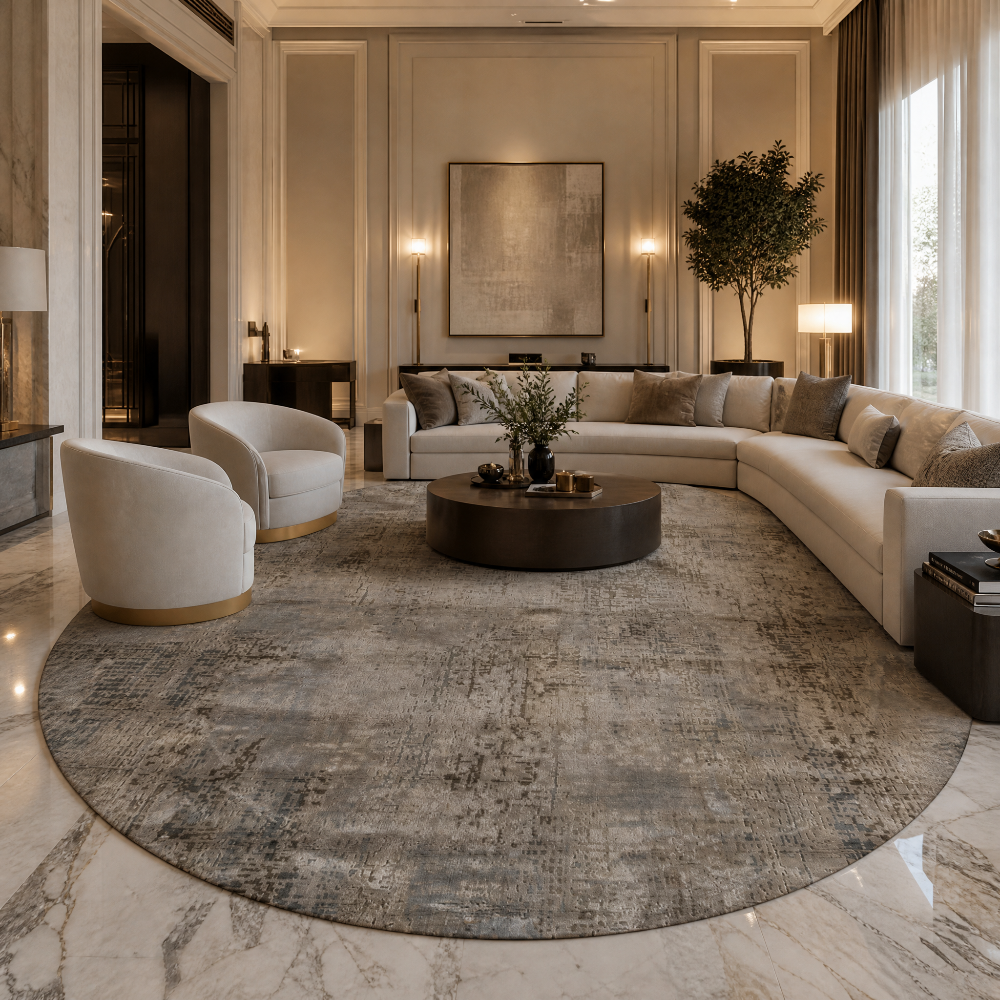 VORELLI Florenza 300cm circular hand-knotted rug in antique white and ashwood styled in a spacious, light-filled residential living room.