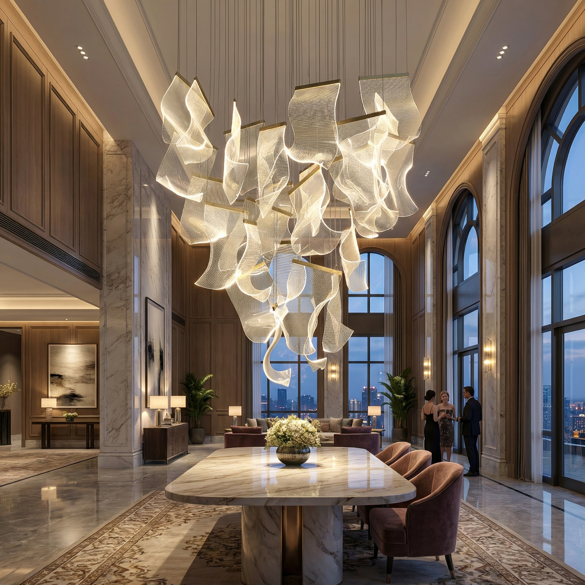 VORELLI® Fluente pendant staircase chandelier with flowing illuminated forms in a modern luxury double-height interior