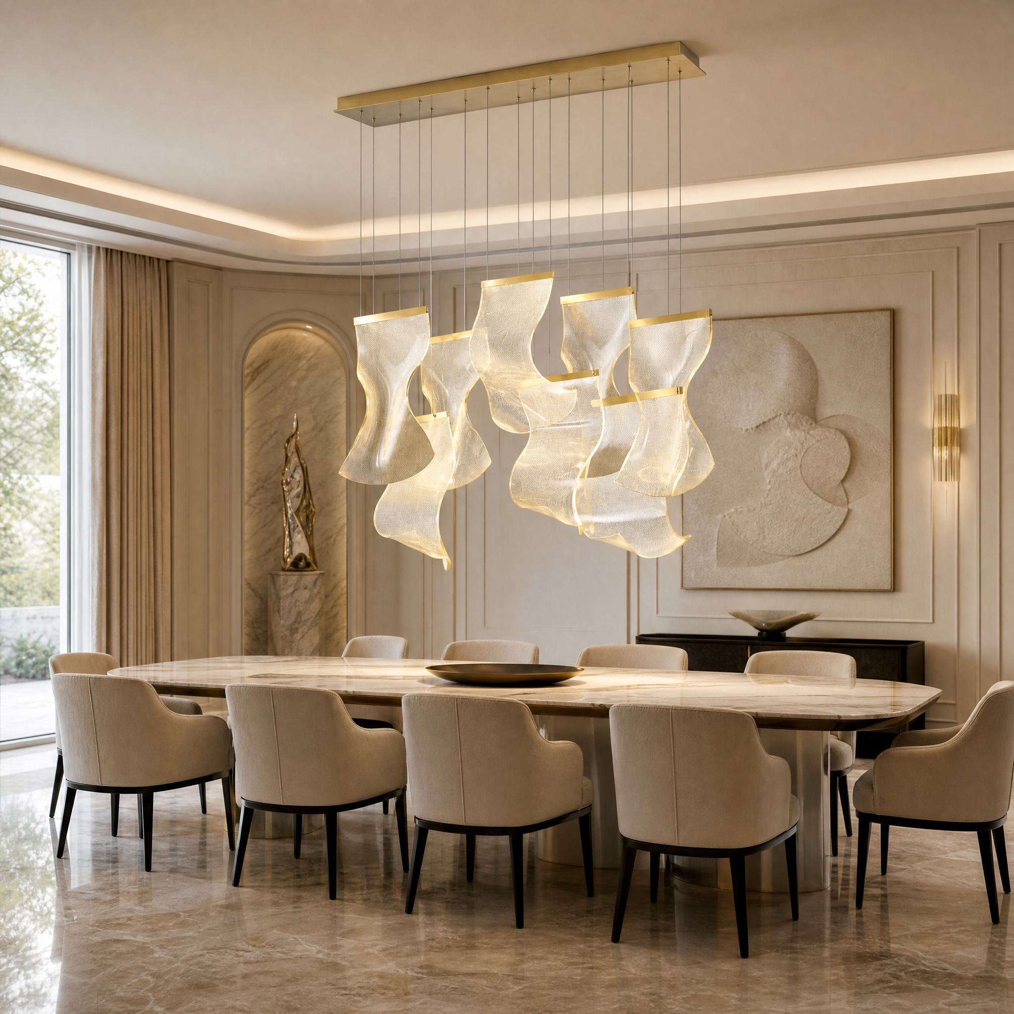 VORELLI Fluente rectangular LED chandelier illuminating a modern luxury dining room with flowing acrylic pendants.