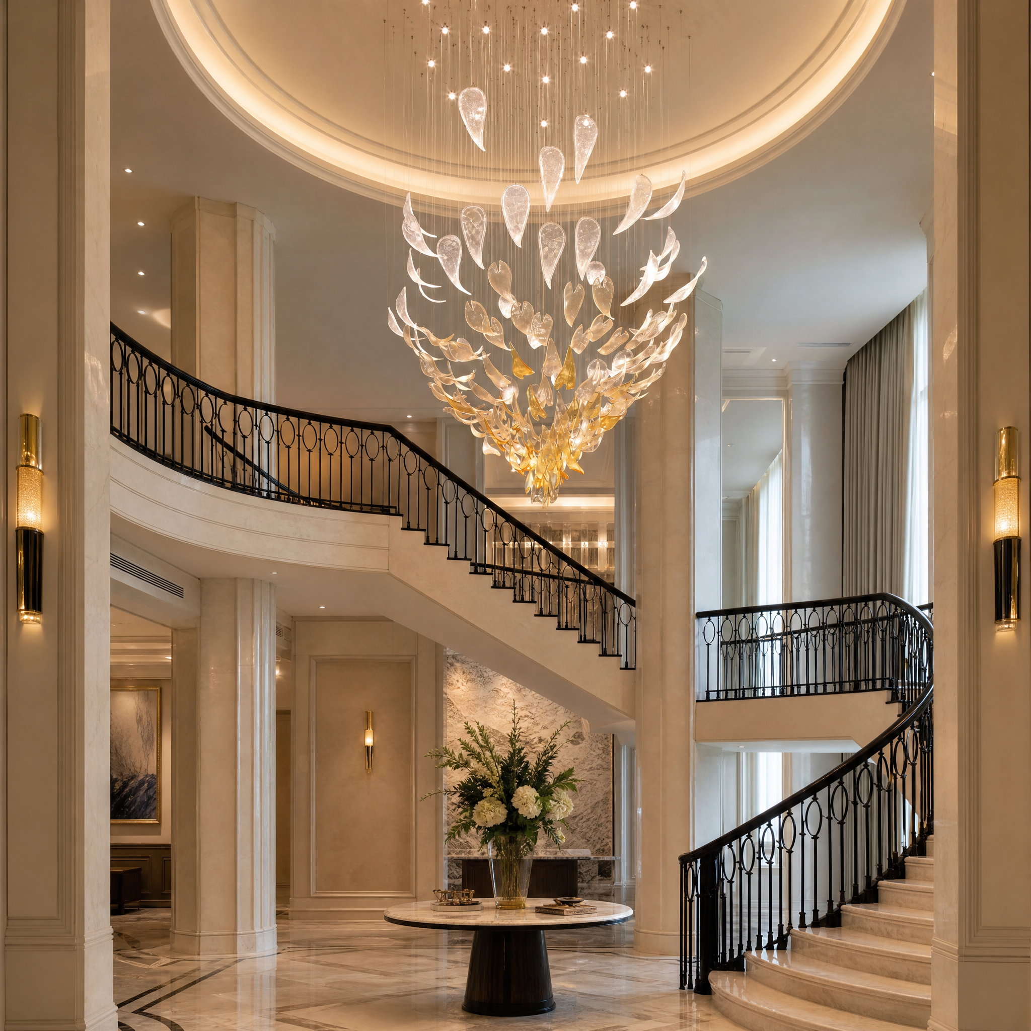 VORELLI Fluid Teardrop luxury glass lighting installation suspended over a grand residential staircase, showcasing contemporary artistry and light depth.