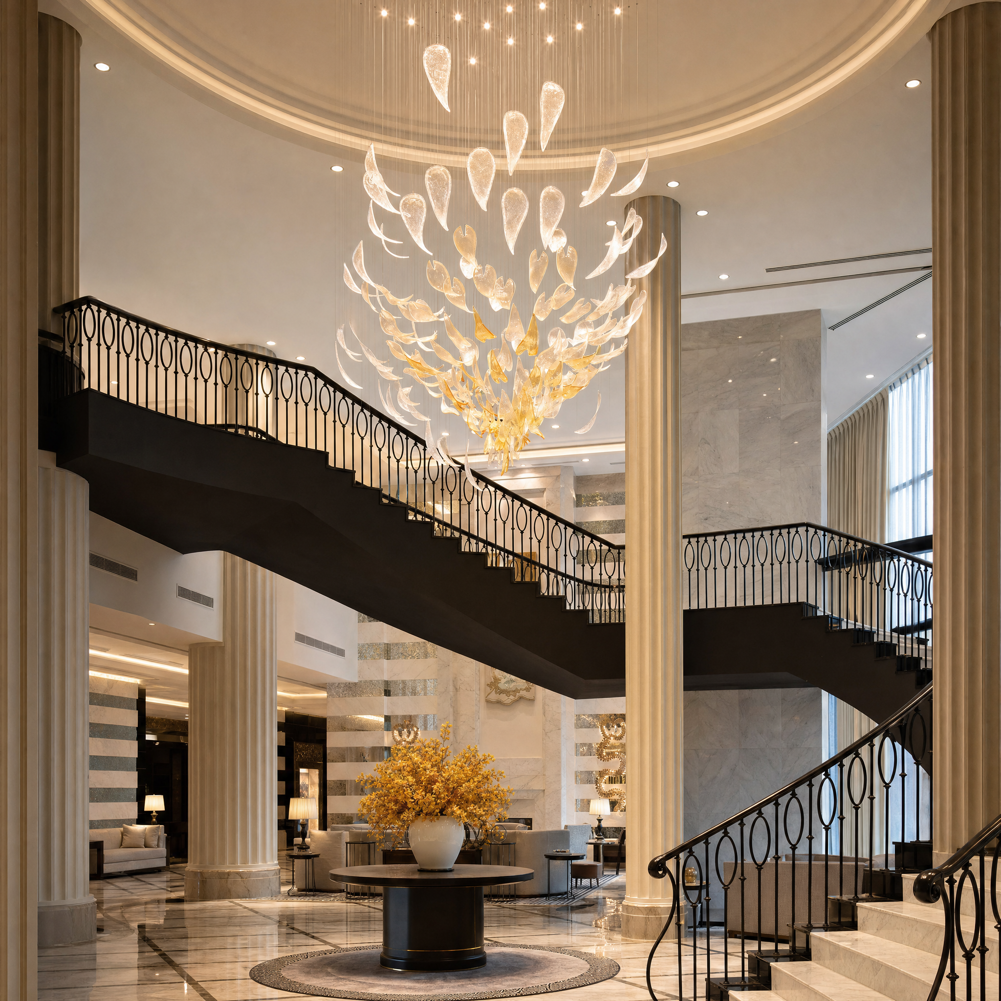 A grand architectural hospitality lobby featuring the VORELLI Fluid Teardrop suspended sculptural light fixture for a refined luxury aesthetic.