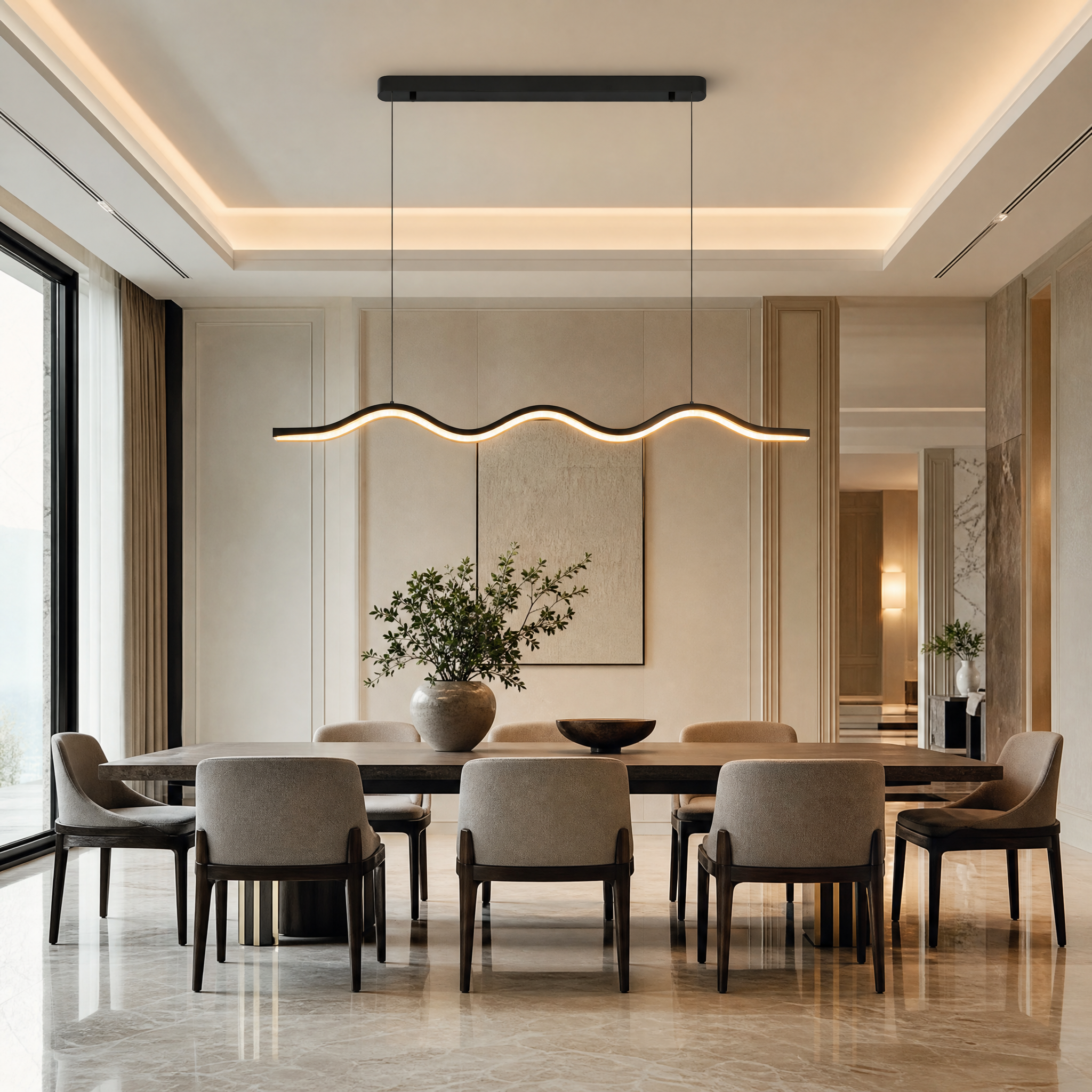 VORELLI Formosa Rectangular Chandelier with a wavy silhouette and diamond-cut crystals hanging above an elegant dining table in a luxury modern residence.