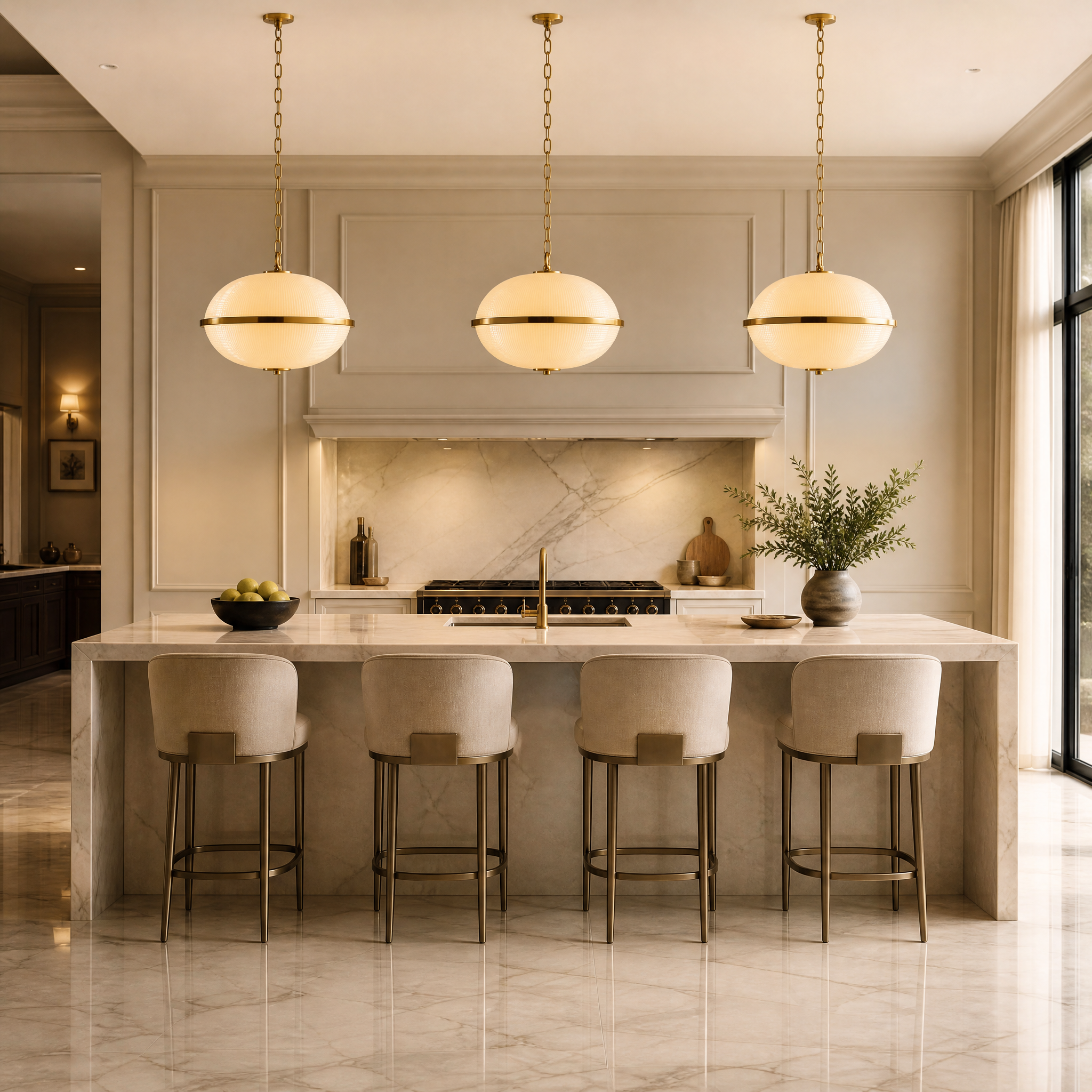 A cluster of VORELLI Foscaro pendant lights hanging over a modern residential kitchen island, casting a warm vintage glow through opaline prismatic glass.