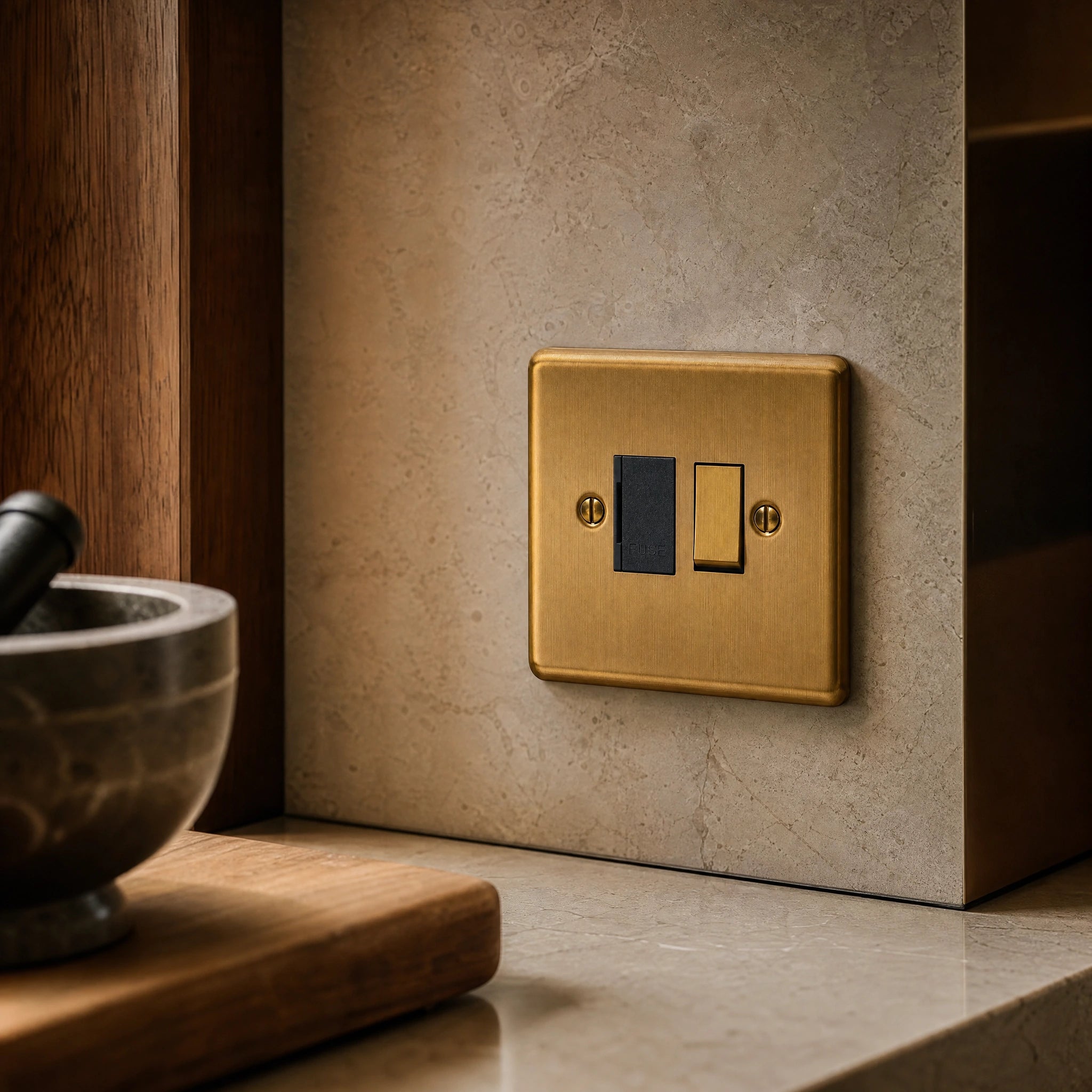 Close-up of a luxury antique brass fused spur installed within discreet below-cabinet utility or kitchen appliance zone in a high-end residence by VORELLI®.