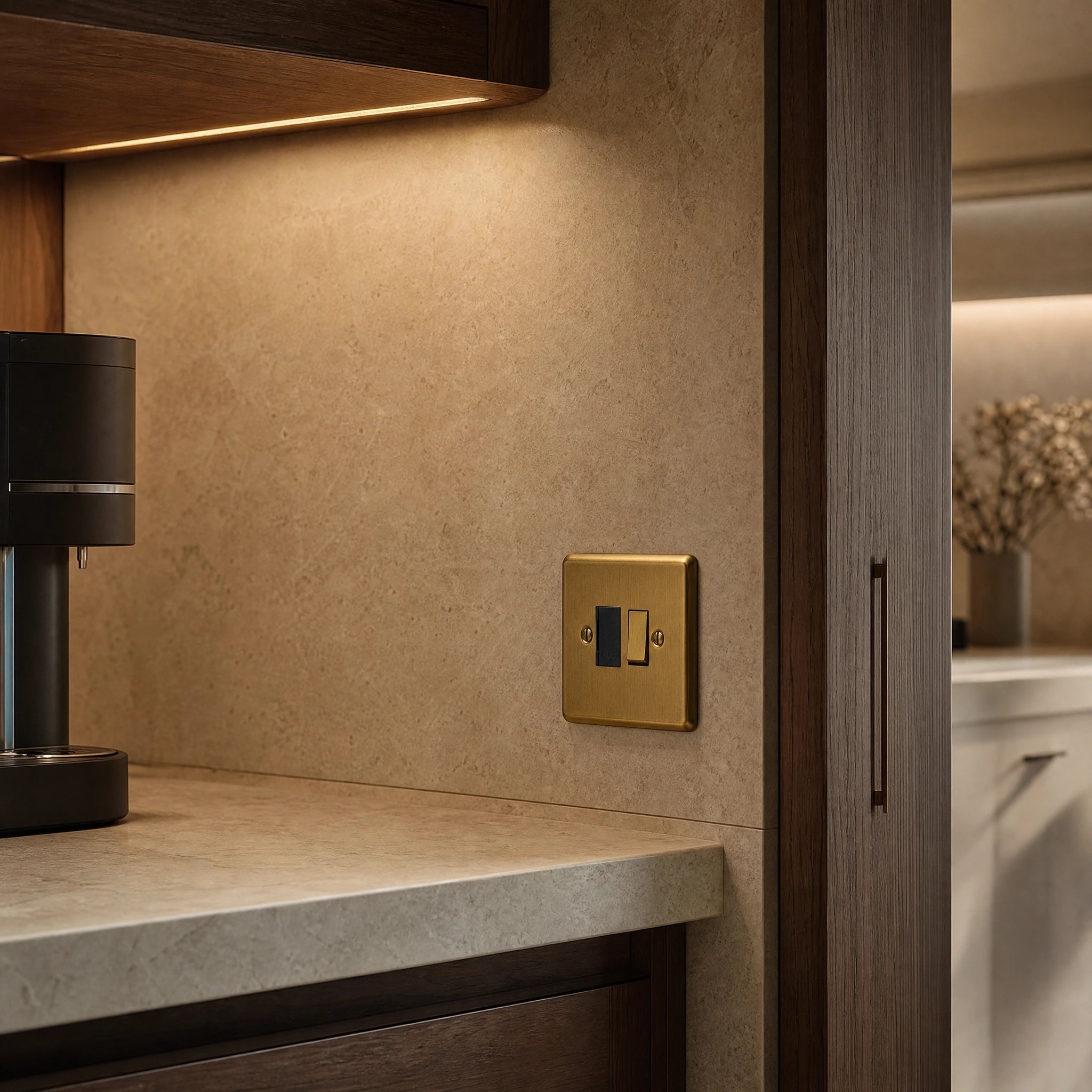 Luxury antique brass fused spur installed within discreet below-cabinet utility or kitchen appliance zone in a high-end residence in a UHNW interior by VORELLI®.
