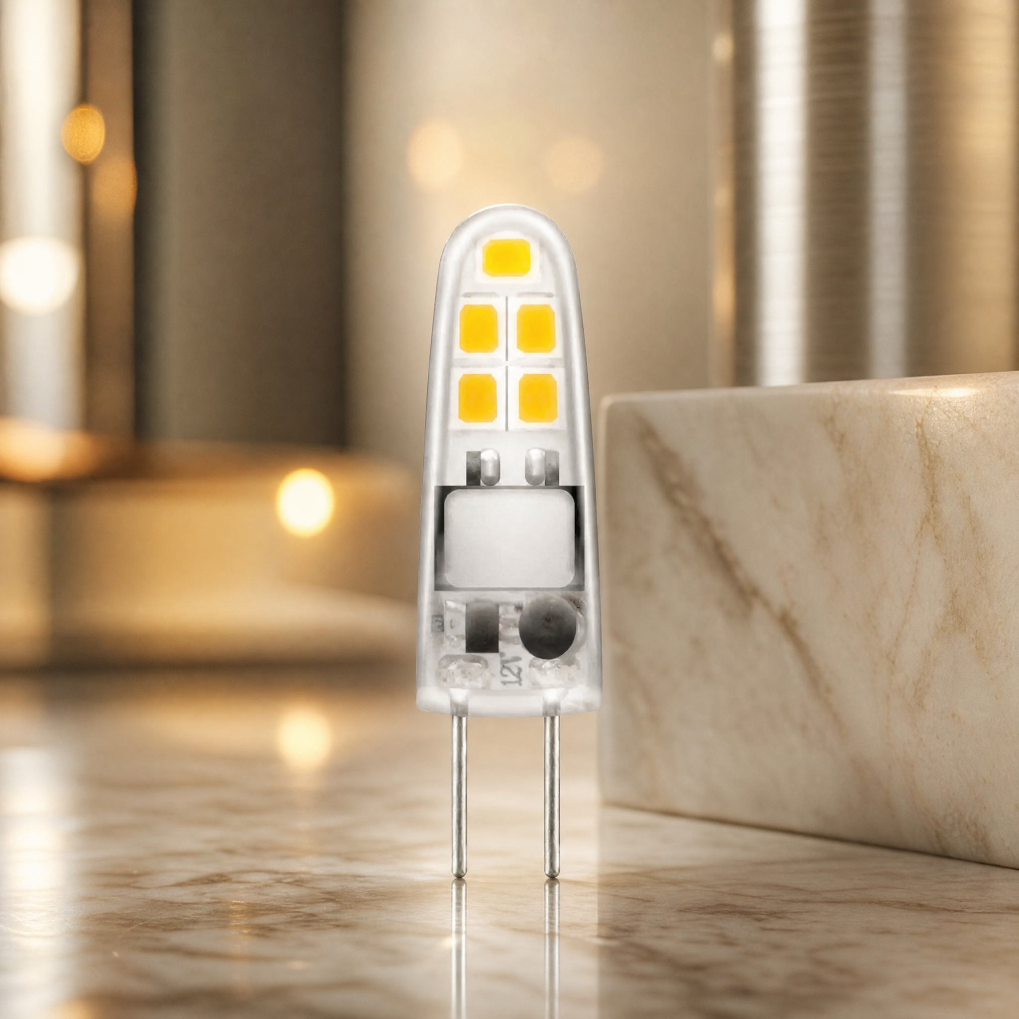 Close-up shot of the VORELLI G4 LED 2W 12V capsule bulb showing its durable silicon body construction and compact halogen-replacement design.