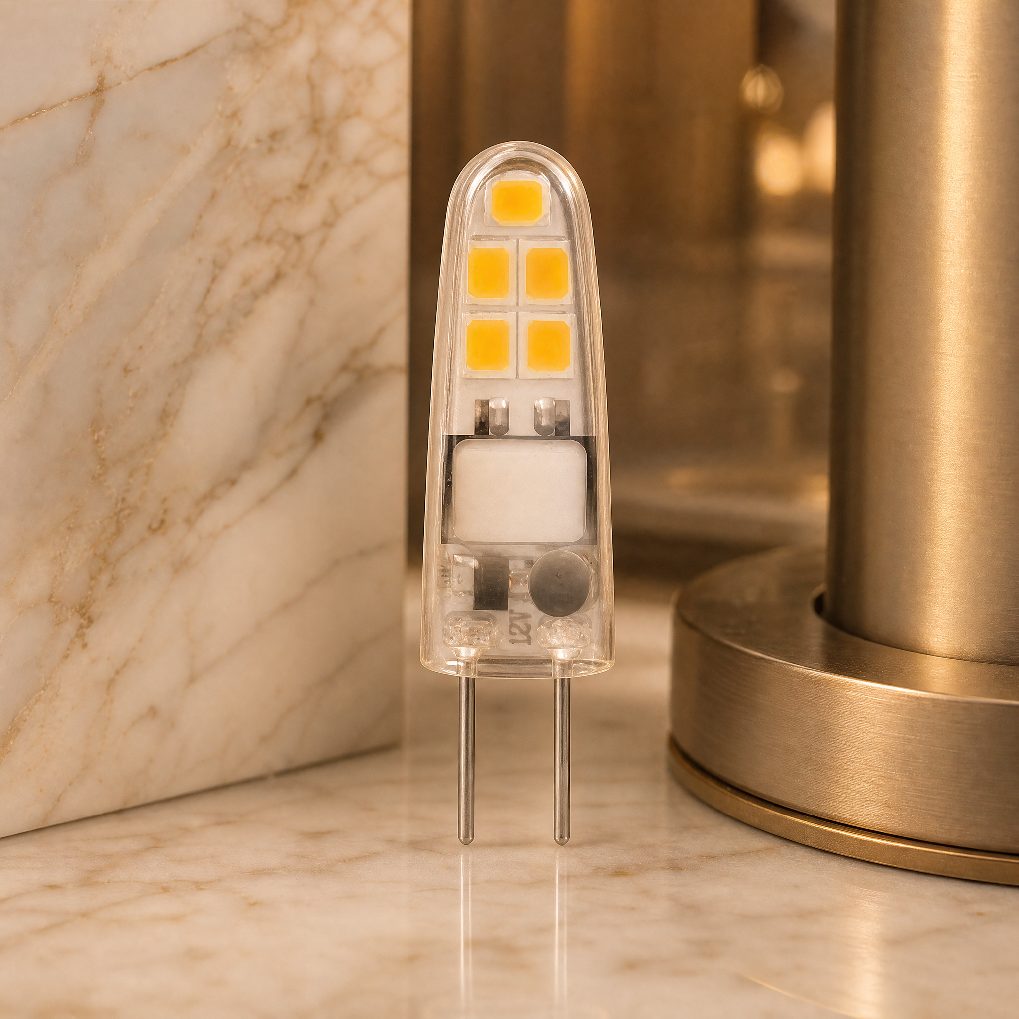 A detailed macro close-up of the VORELLI G4 LED 2W 12V capsule bulb highlighting its compact silicon body construction.