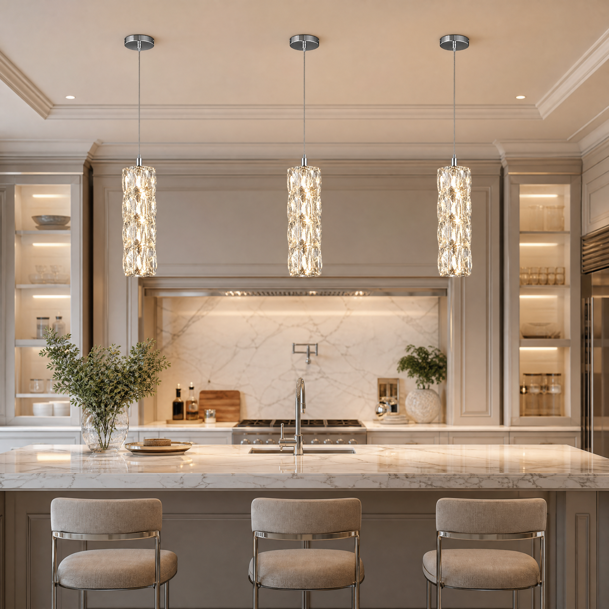 VORELLI Gaia pendant light fixture with diamond-cut rectangle crystals adding luxury ambiance to a modern residential living room design.