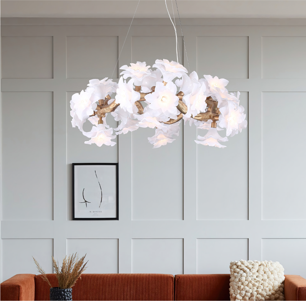 Gardenia Circular Chandelier by VORELLI® suspended in a luxury living space creating a soft ambient glow
