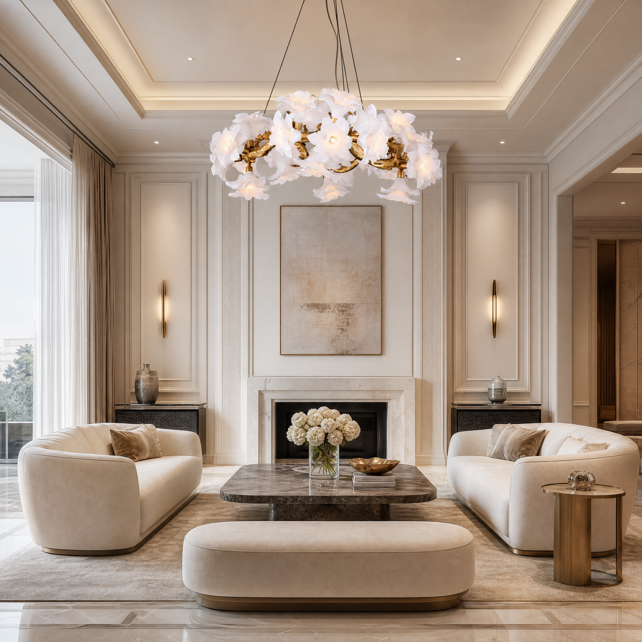 The VORELLI Gardenia circular chandelier illuminating a luxury residential dining room with a warm, calming glow above an elegant dining table setup.