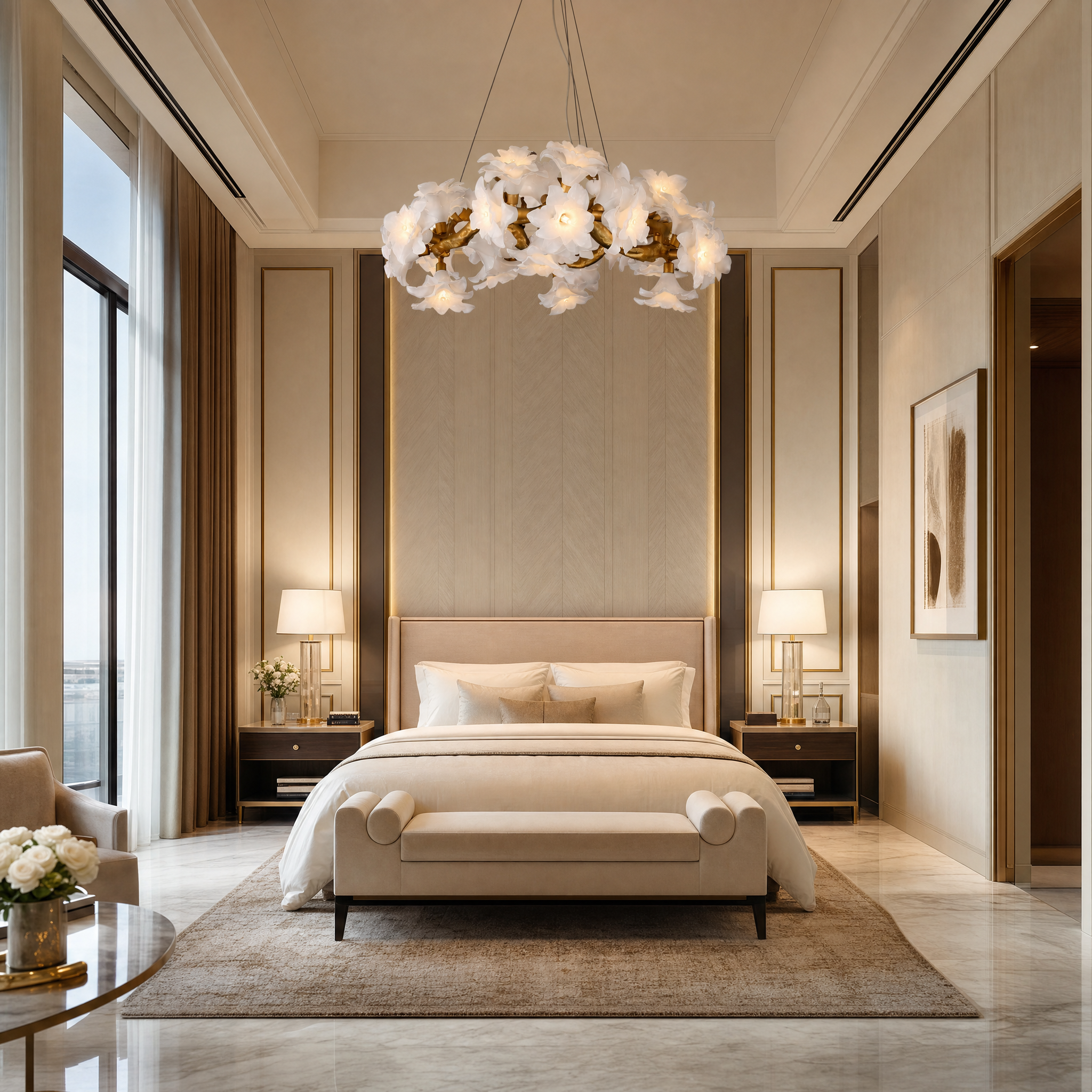 An upscale hotel lounge featuring the VORELLI Gardenia circular branch chandelier, adding a romantic and refined atmosphere to the hospitality space.