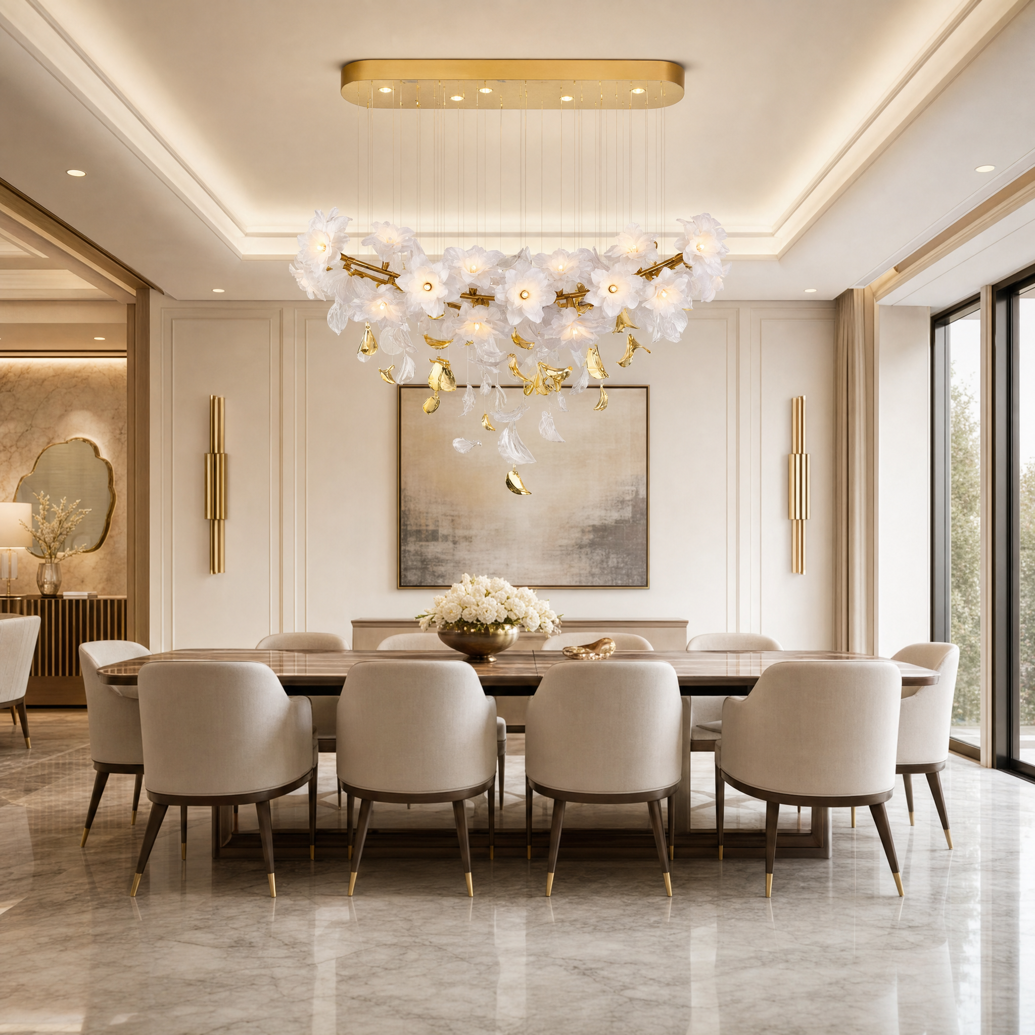 VORELLI Gardenia Rectangular Chandelier II illuminating a luxury residential dining room table with an elegant, ambient glow.
