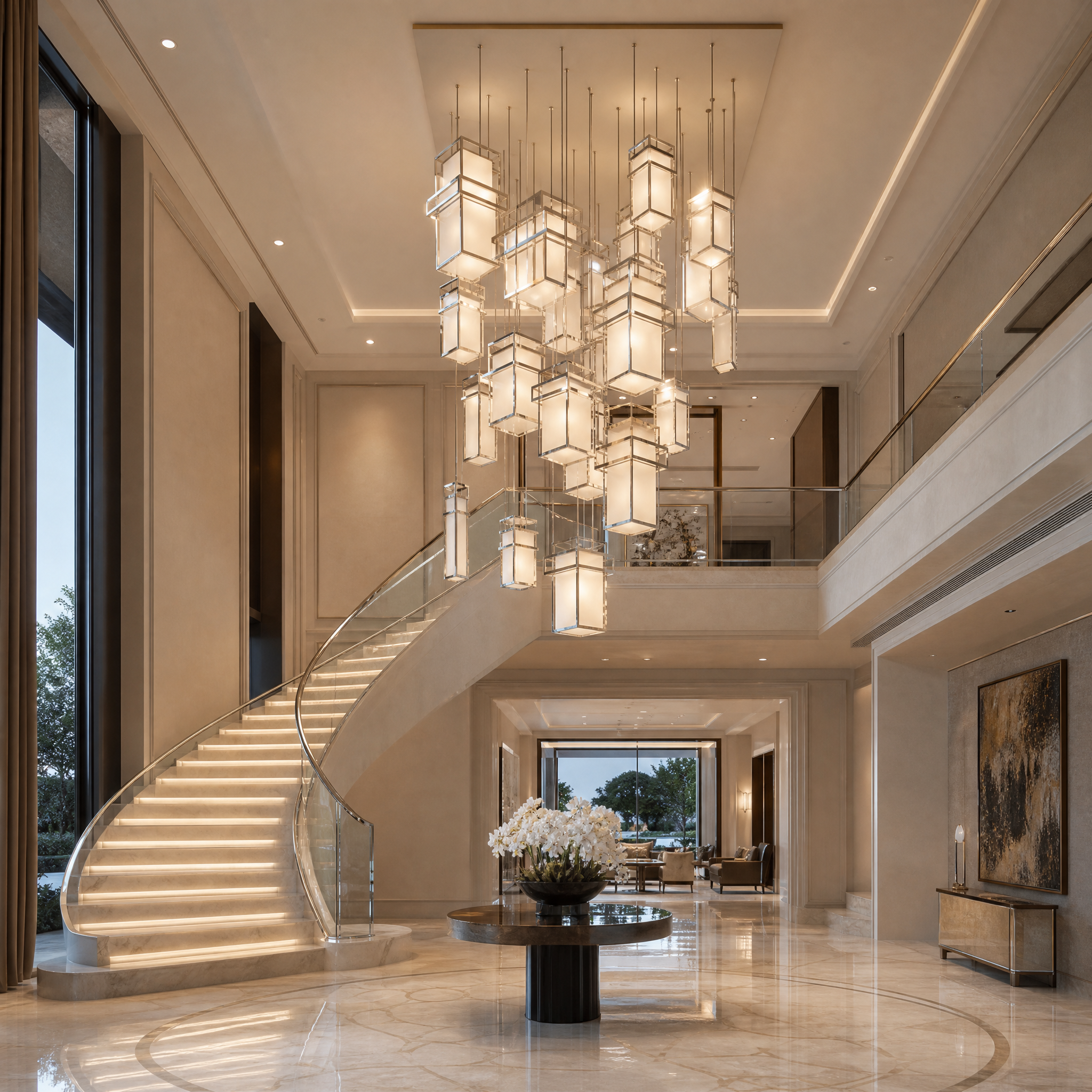 VORELLI luxury geometric acrylic lighting installation suspended in a contemporary high-end residential interior, diffusing soft light over a modern living space.