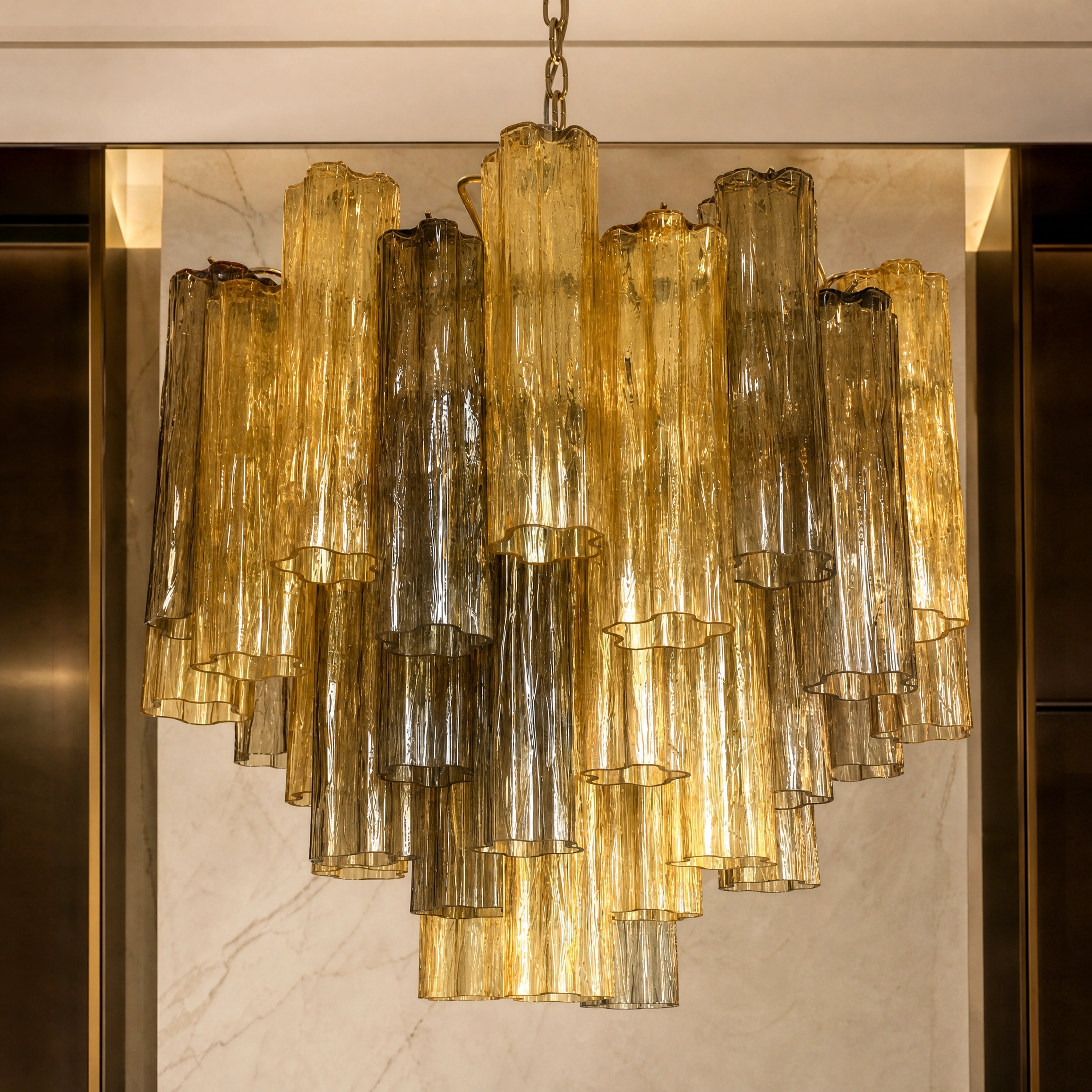 Faenza Tronchi Murano Glass Circular Chandelier close-up luxury lifestyle hero image by VORELLI