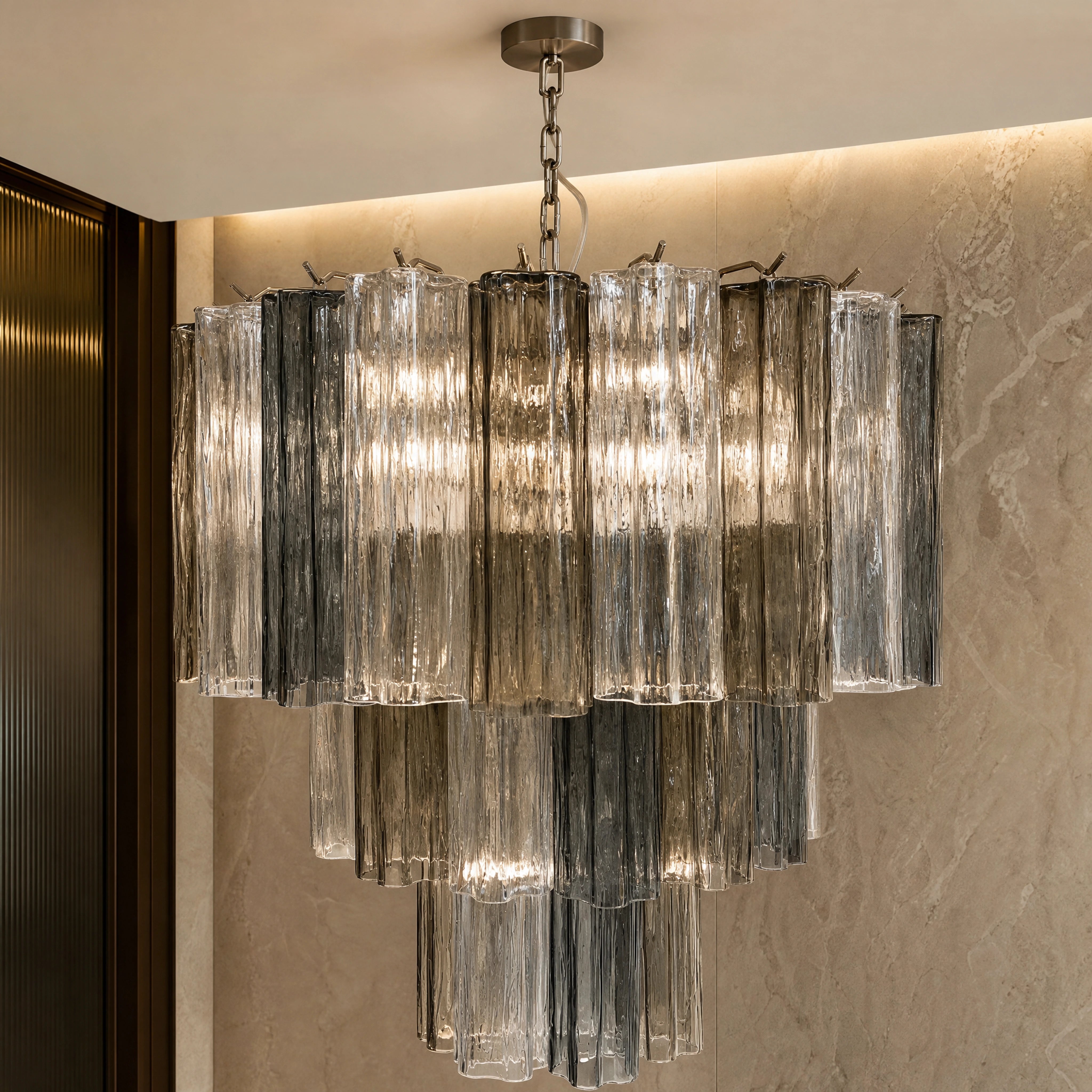 Giovanna Tronchi Murano Glass Circular Chandelier close-up luxury lifestyle hero image by VORELLI