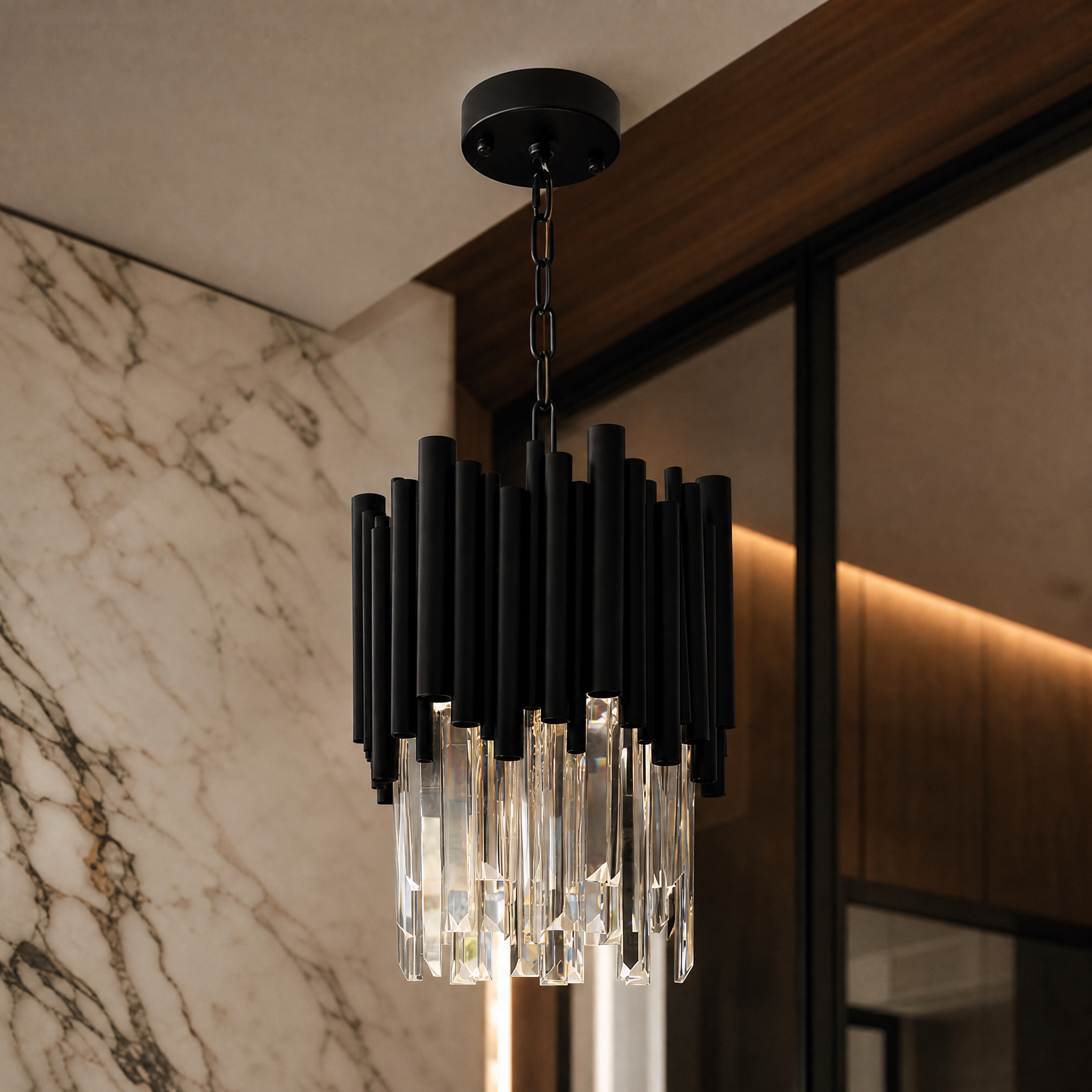 Macro close-up view of the Vorelli Gotham Pendant Light fixture, highlighting its premium materials and sophisticated design details.