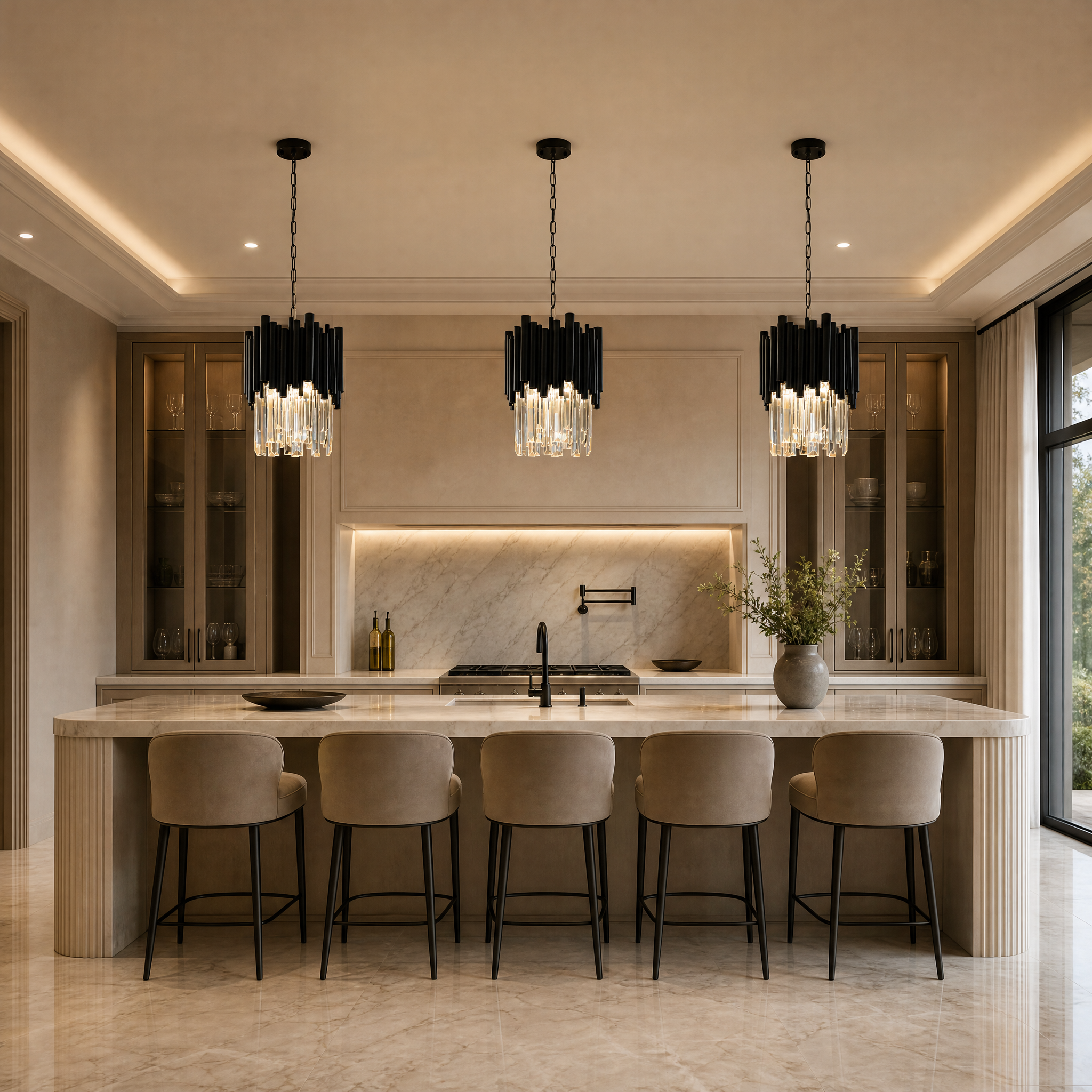 Vorelli Gotham Pendant Light installed above a modern residential kitchen island, adding a touch of contemporary luxury.