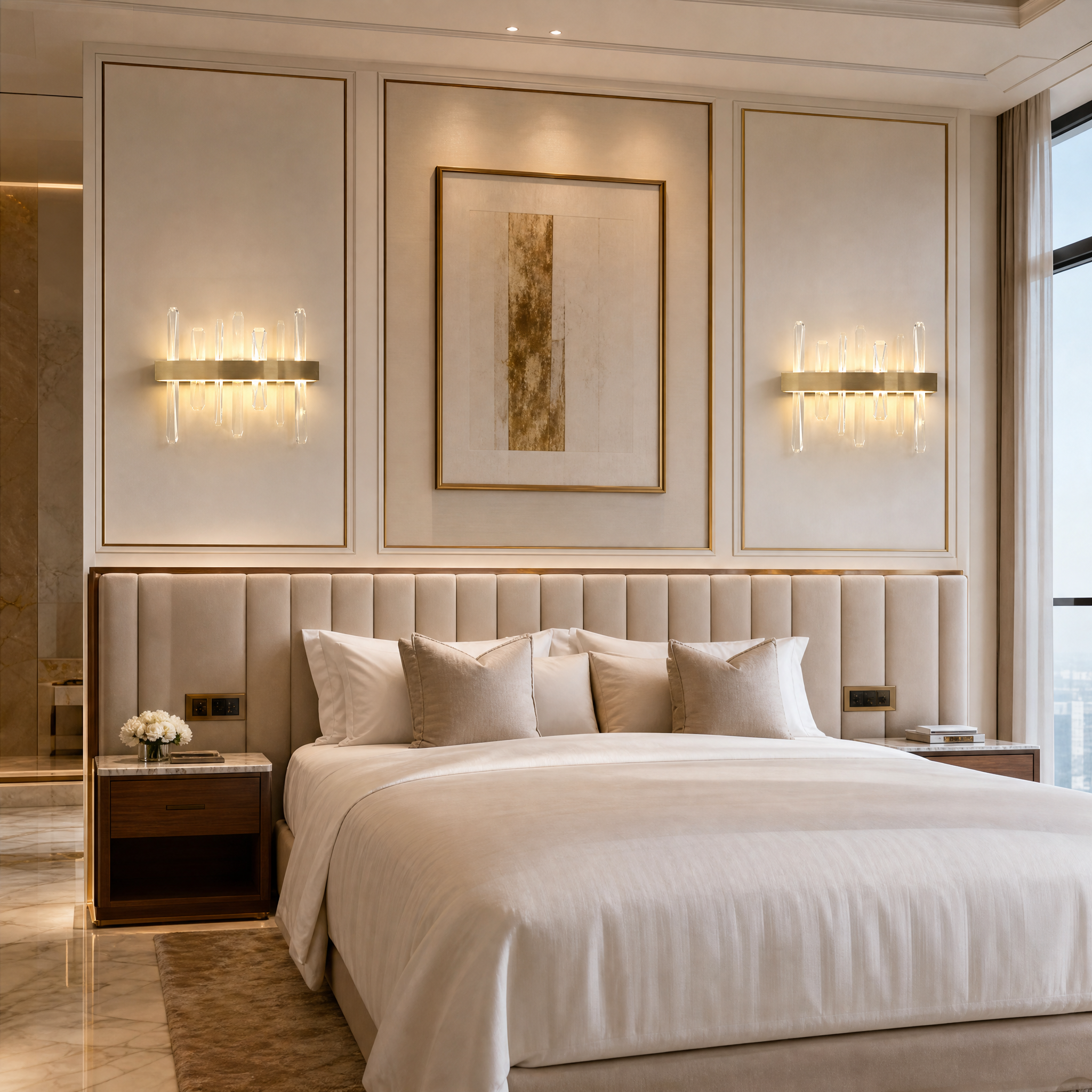 An upscale hotel lobby hallway featuring the Grantchester Wall Light II by VORELLI, casting a warm, sophisticated glow.