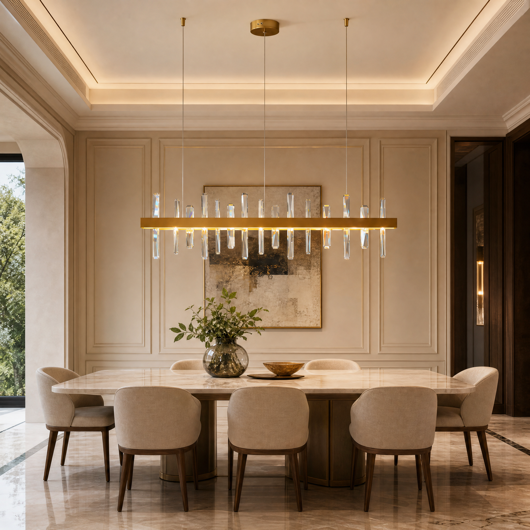 The VORELLI Grantchester rectangular crystal chandelier illuminating a luxury residential dining room table with a warm, sophisticated glow.