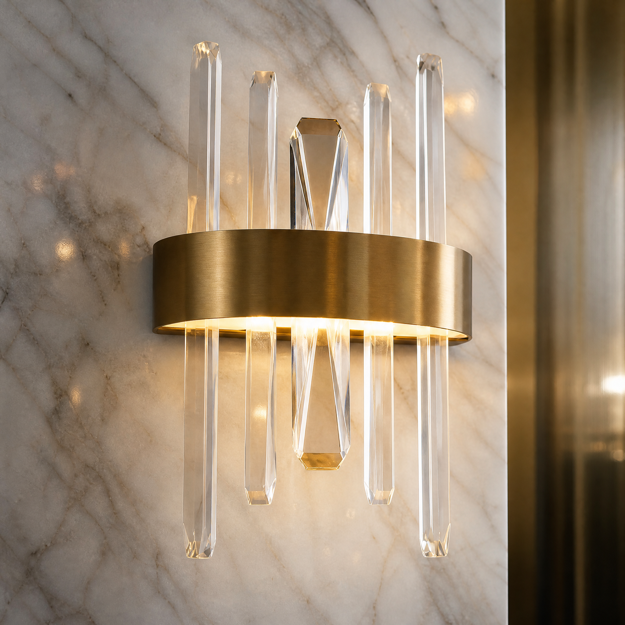 Macro closeup of the VORELLI Grantchester wall light highlighting the central chunky diamond-cut crystal and sleek stainless steel frame.